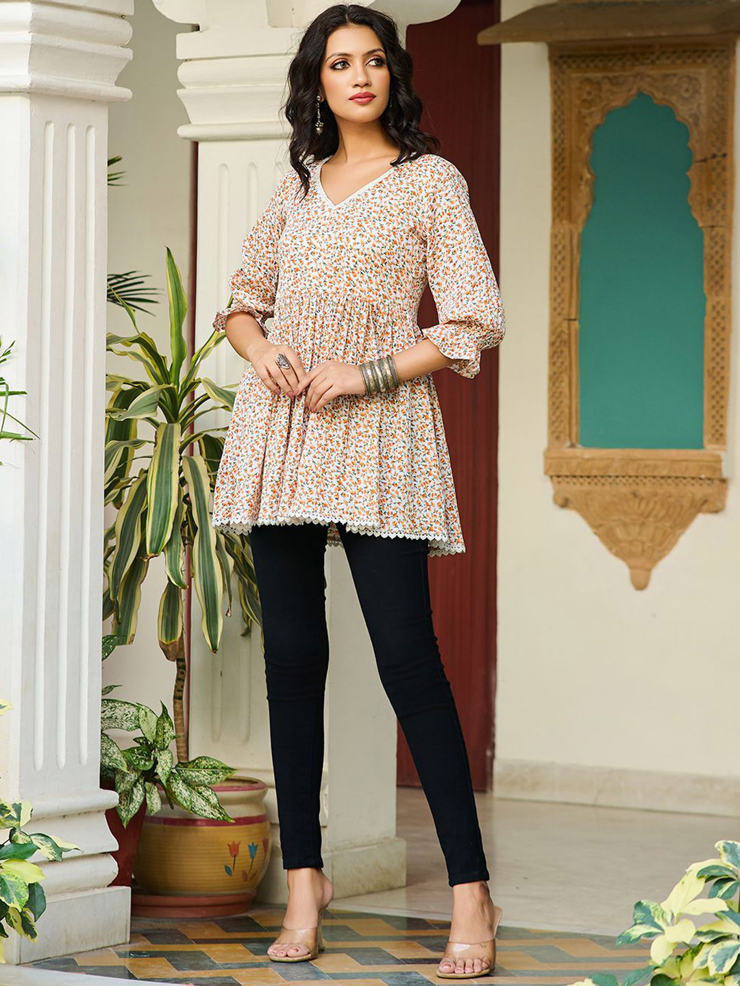 VIBE VISION Floral Printed V-Neck Pleated Cotton Silk A-Line Kurti