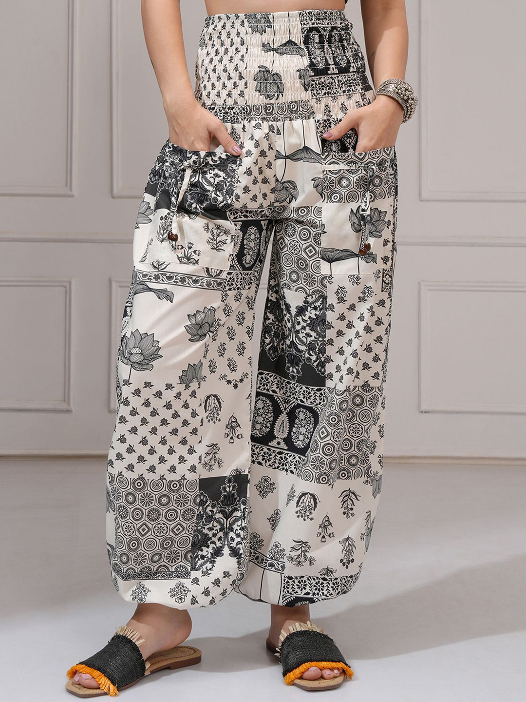 Vishudh Women Printed Harem Pants With Smocked Waist And Detailed Patched Pockets