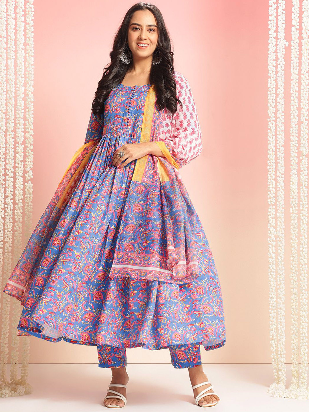 GoSriKi Floral Printed Round Neck Pleated Anakali Kurta With Trousers & Dupatta