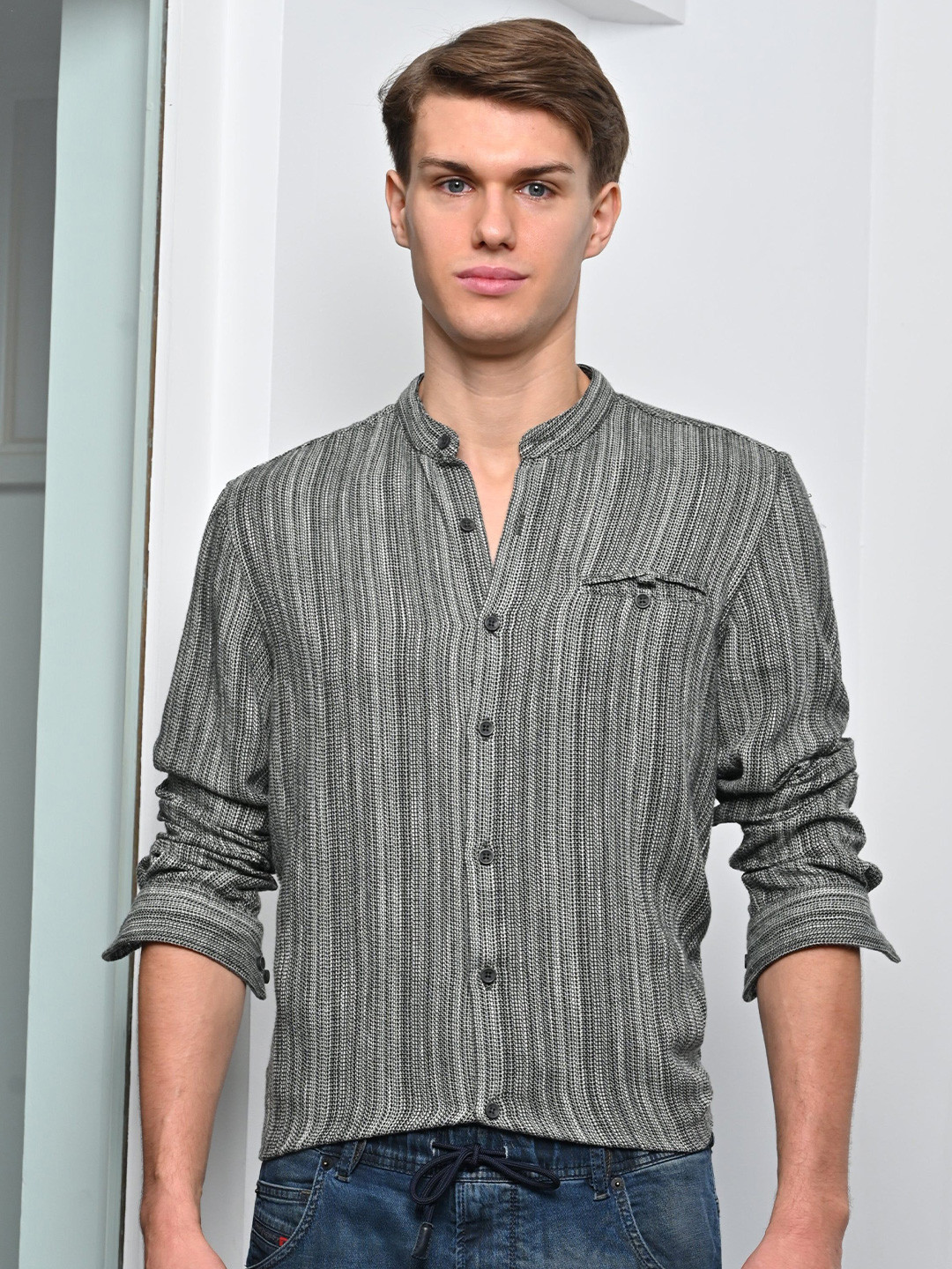 Glenn - Cotton Striped Shirt With Mao Collar - Green