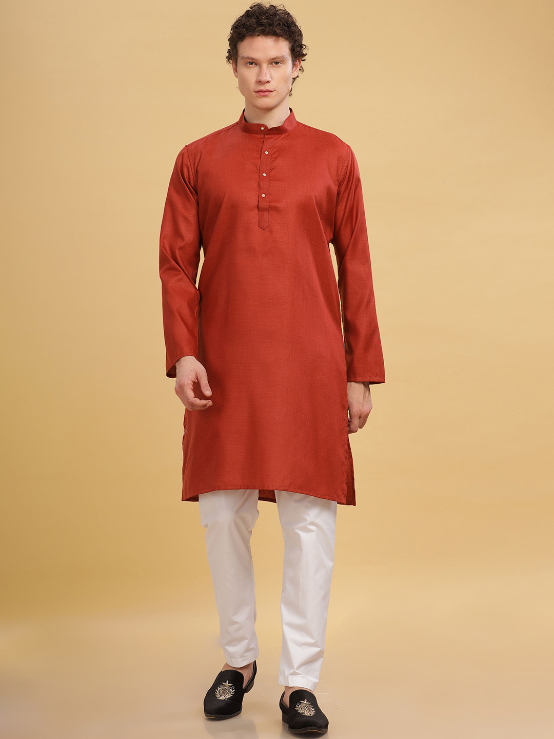 Anouk Red Mandarin Collar Straight Straight Kurta