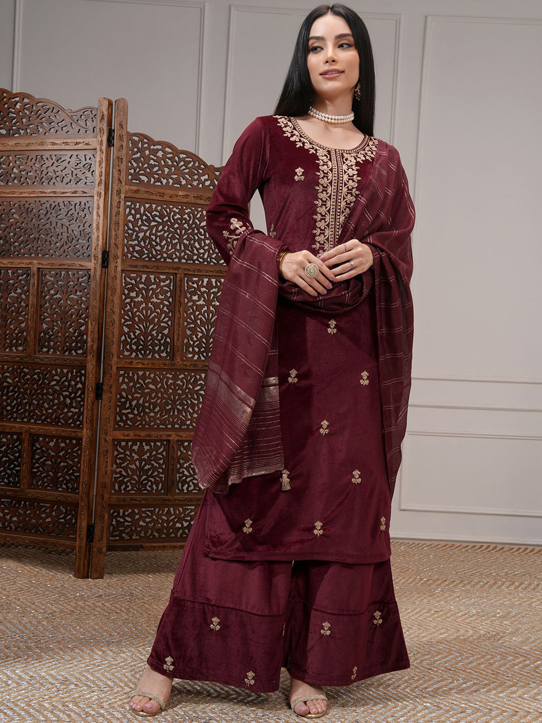 Vishudh Women Embroidered Velvet Kurta with Velvet Pants and Organza Dupatta