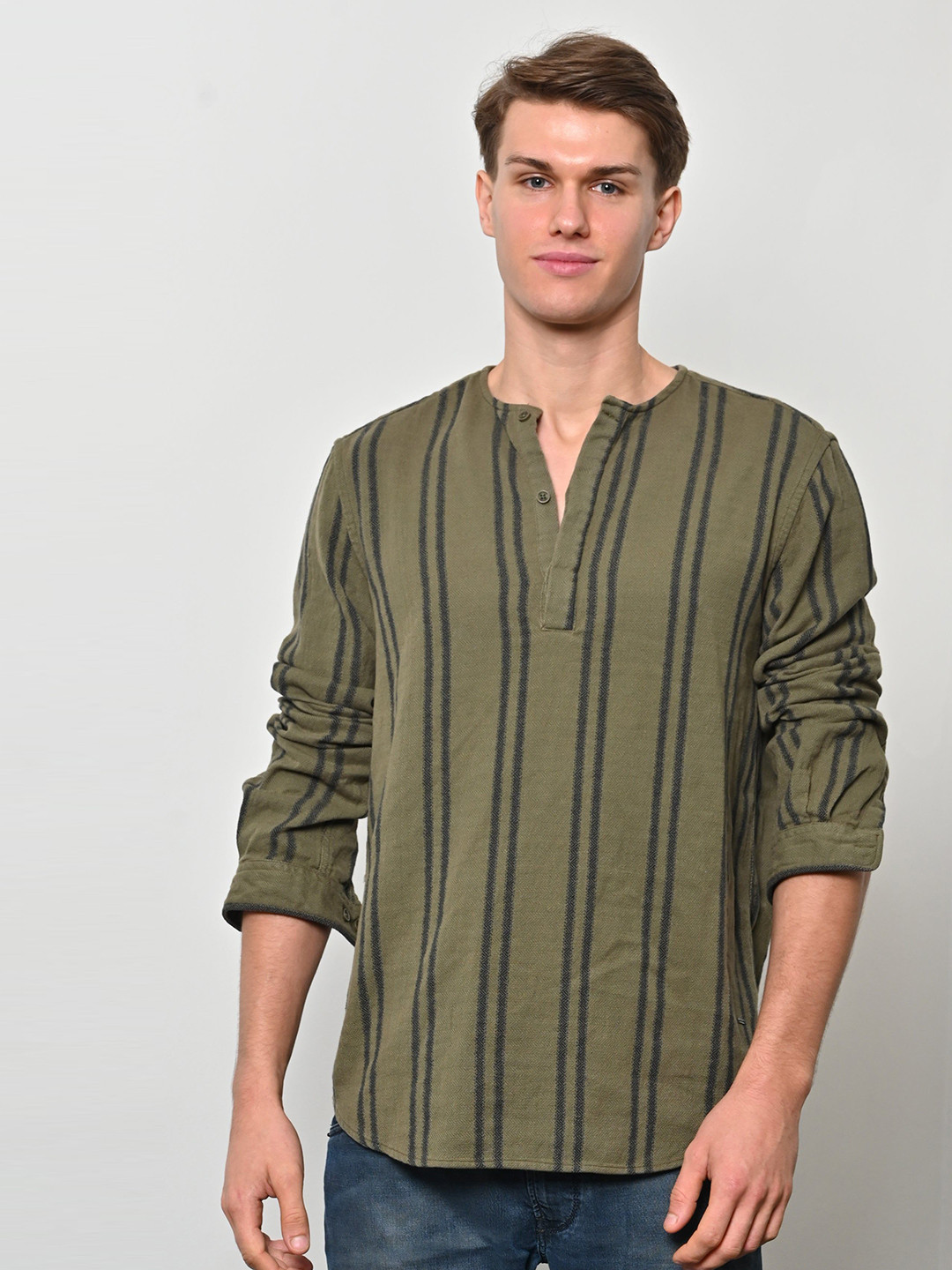 POE Men Edge - Cotton Striped Kurta Shirt - Green