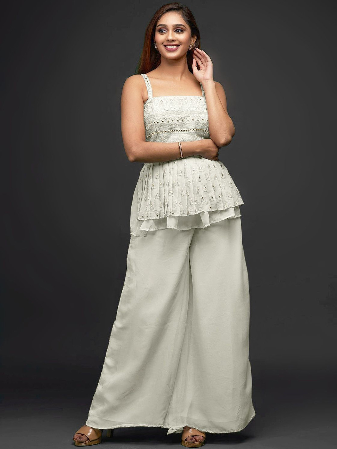 SANCIA Floral Embroidered Layered Mirror Work A-Line Kurta with Palazzos & Dupatta