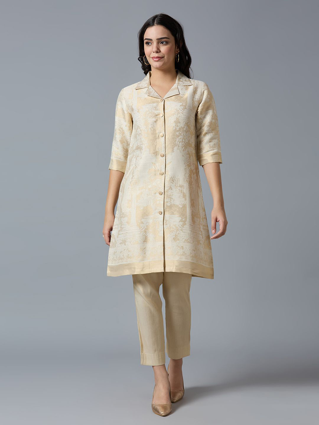 Cloth Haus IndiaWoven Design Shirt Collar Pure Cotton A-Line Kurta