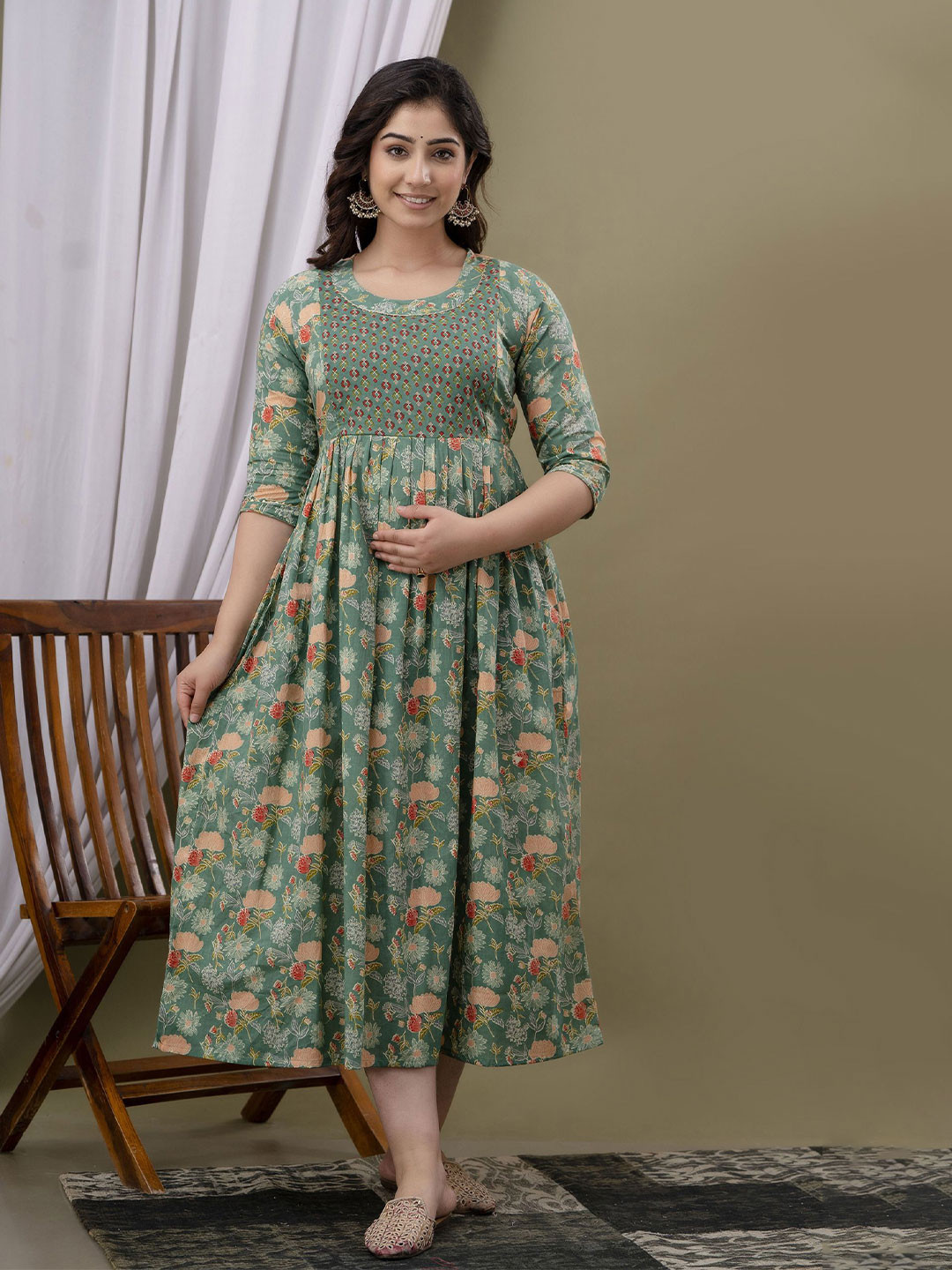 FEMARY Floral Printed Maternity Cotton Fit and Flare Midi Dress