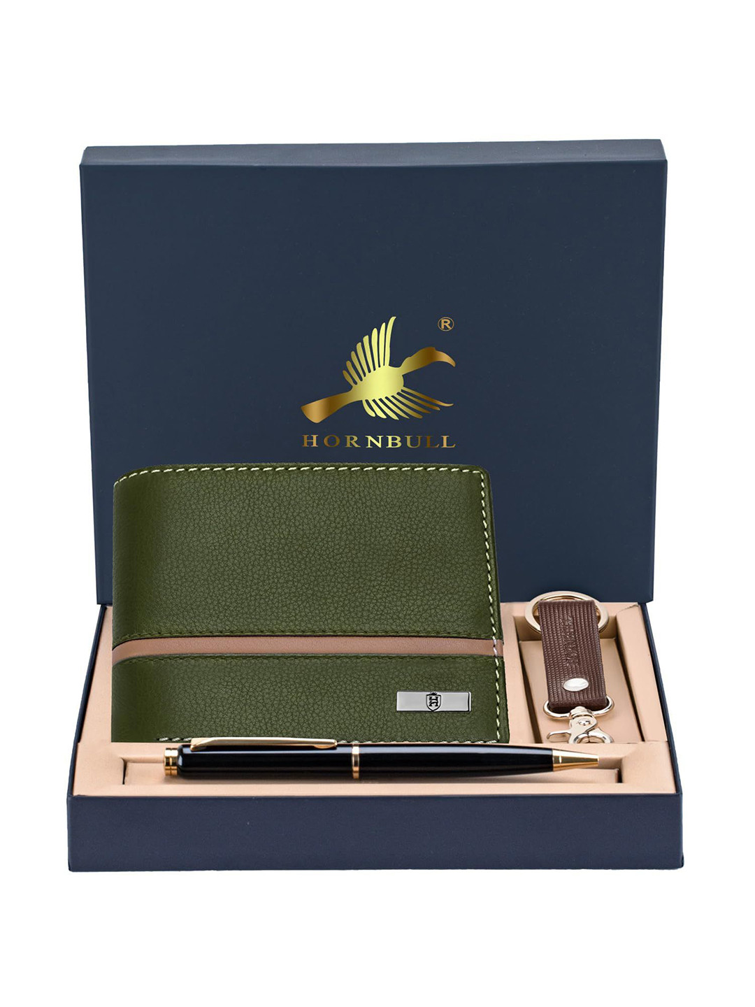 Hornbull Men Denial Green Leather Wallet, Keyring & Pen Combo Accessory Gift Set