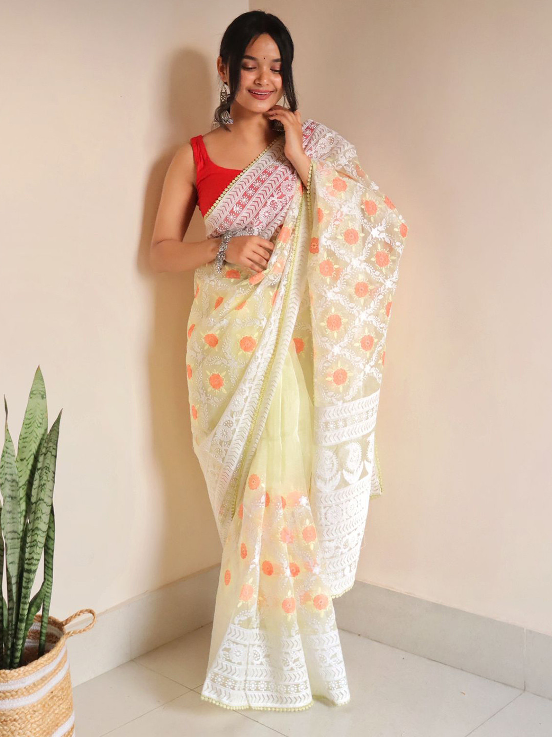 Organza Mall Floral Embroidered Organza Saree
