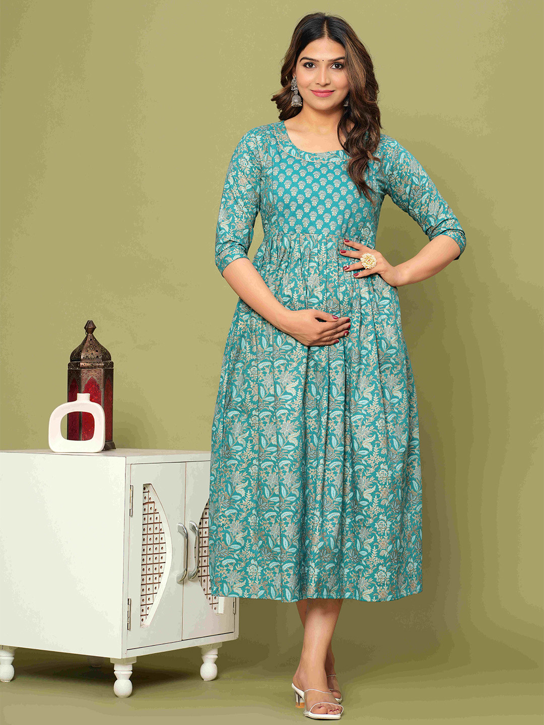 mad fury Printed Cotton Maternity Fit & Flare Midi Dress