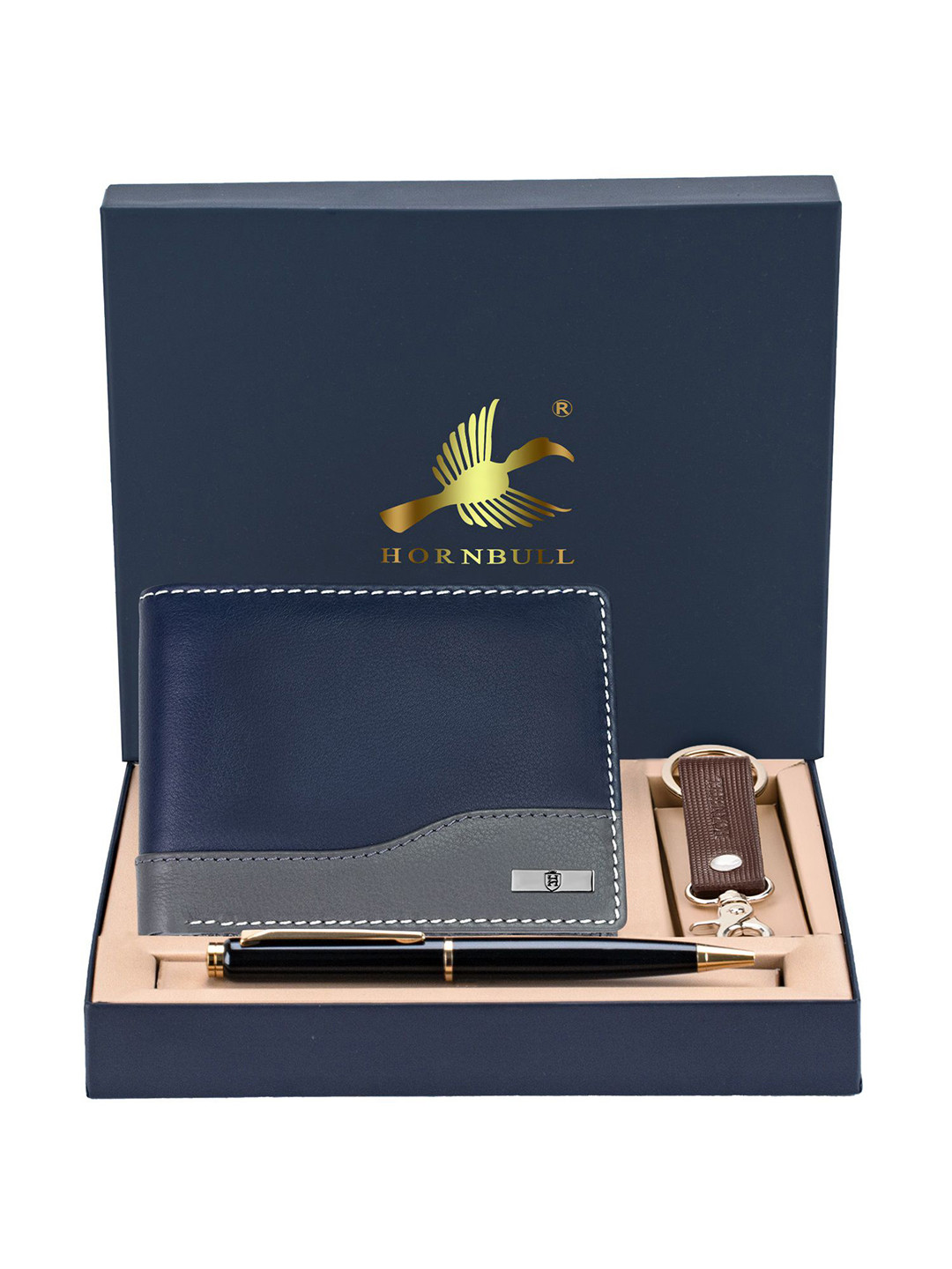 Hornbull Men Buttler Blue Leather Wallet, Keyring & Pen Combo Accessory Gift Set