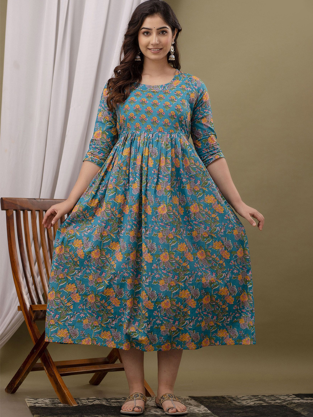 UrbanRang Women Cotton Floral Printed Maternity Maxi Dress