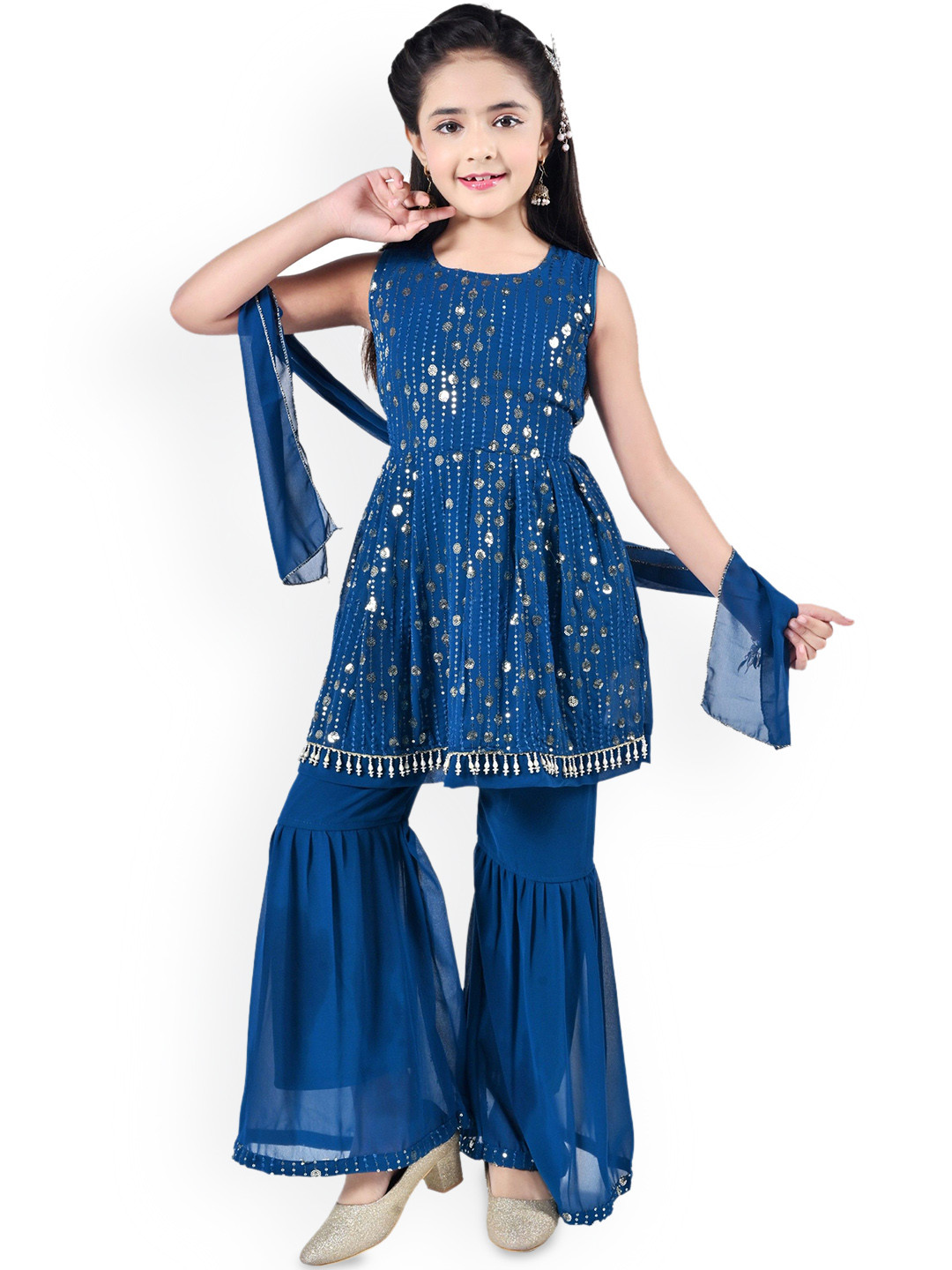 Arshia Fashions Girls Embroidered Georgette Anarkali Kurti with Sharara & Dupatta