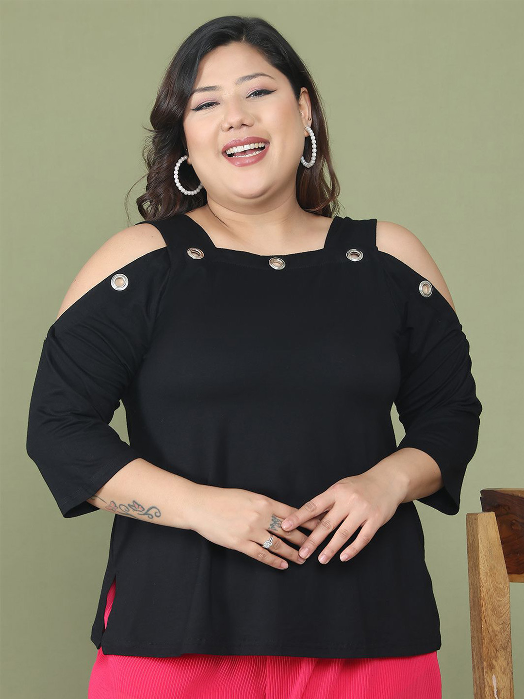 theRebelinme Plus Size Solid Cold-Shoulder Sleeves Top