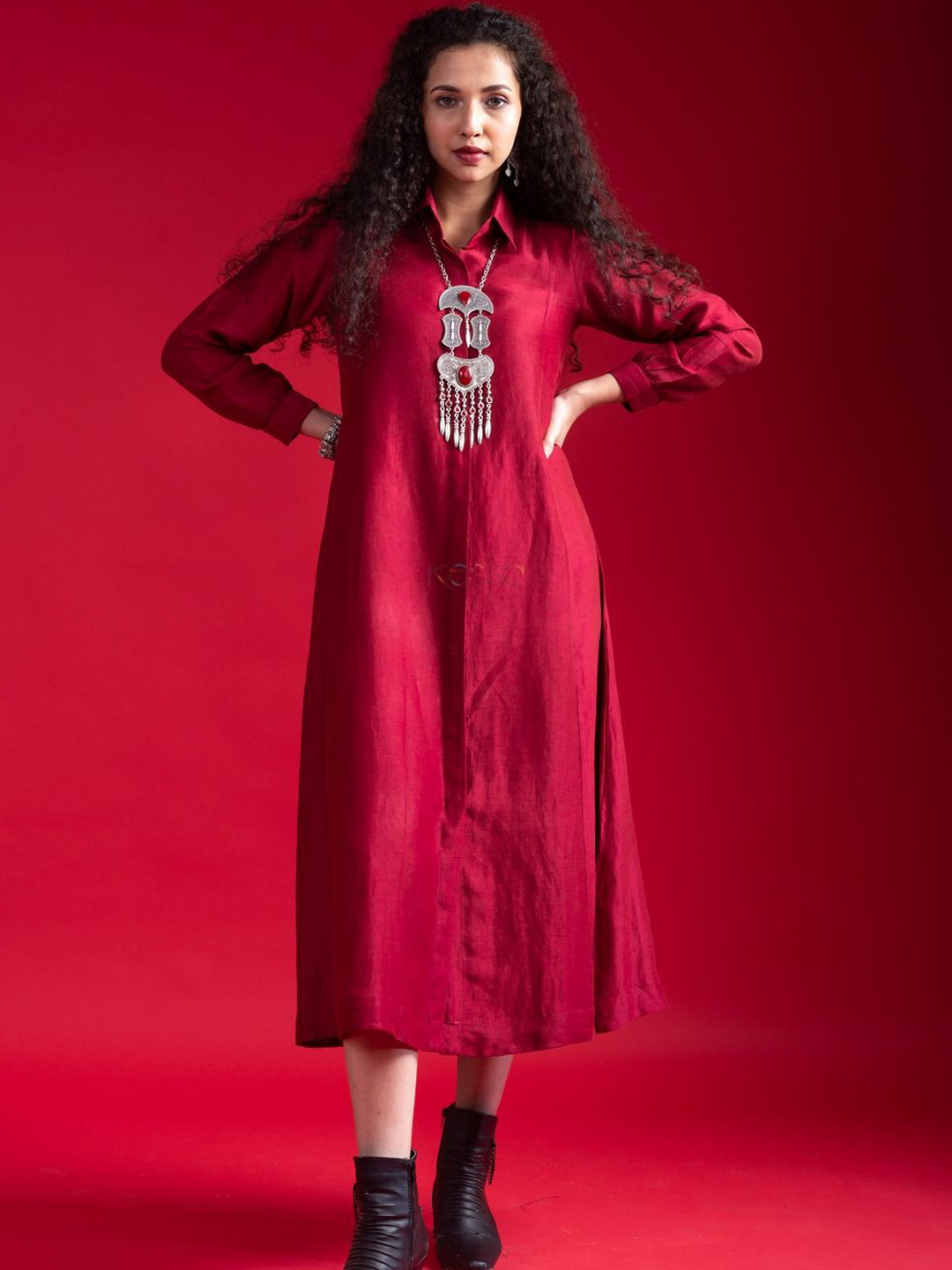 KUSVAA Shirt Collar Linen Satin A-Line Midi Dress