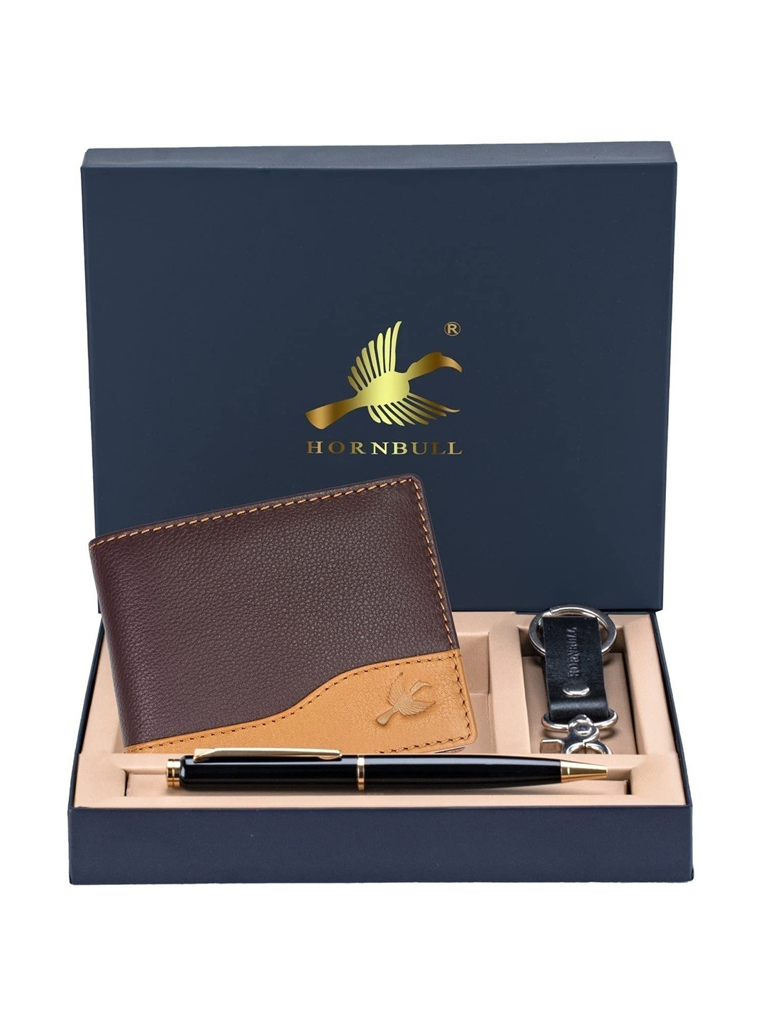 Hornbull Men Buttler Brown Leather Wallet, Keyring & Pen Combo Accessory Gift Set