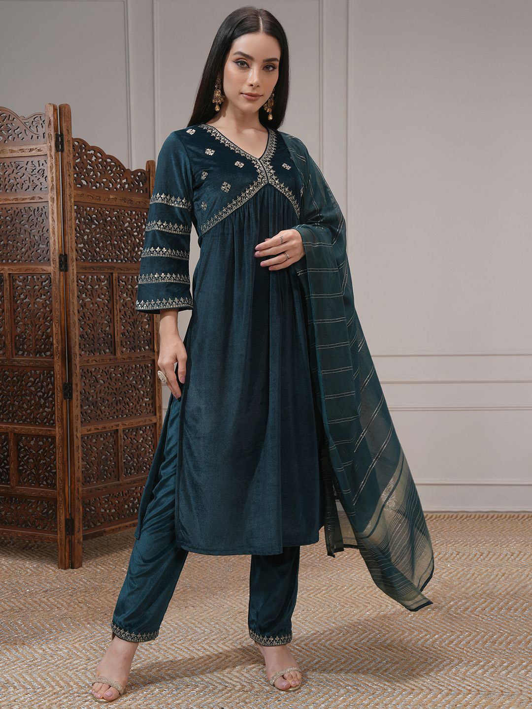 Vishudh Women Embroidered Velvet Gathe Kurta with Slim Palazzo & Dupatta