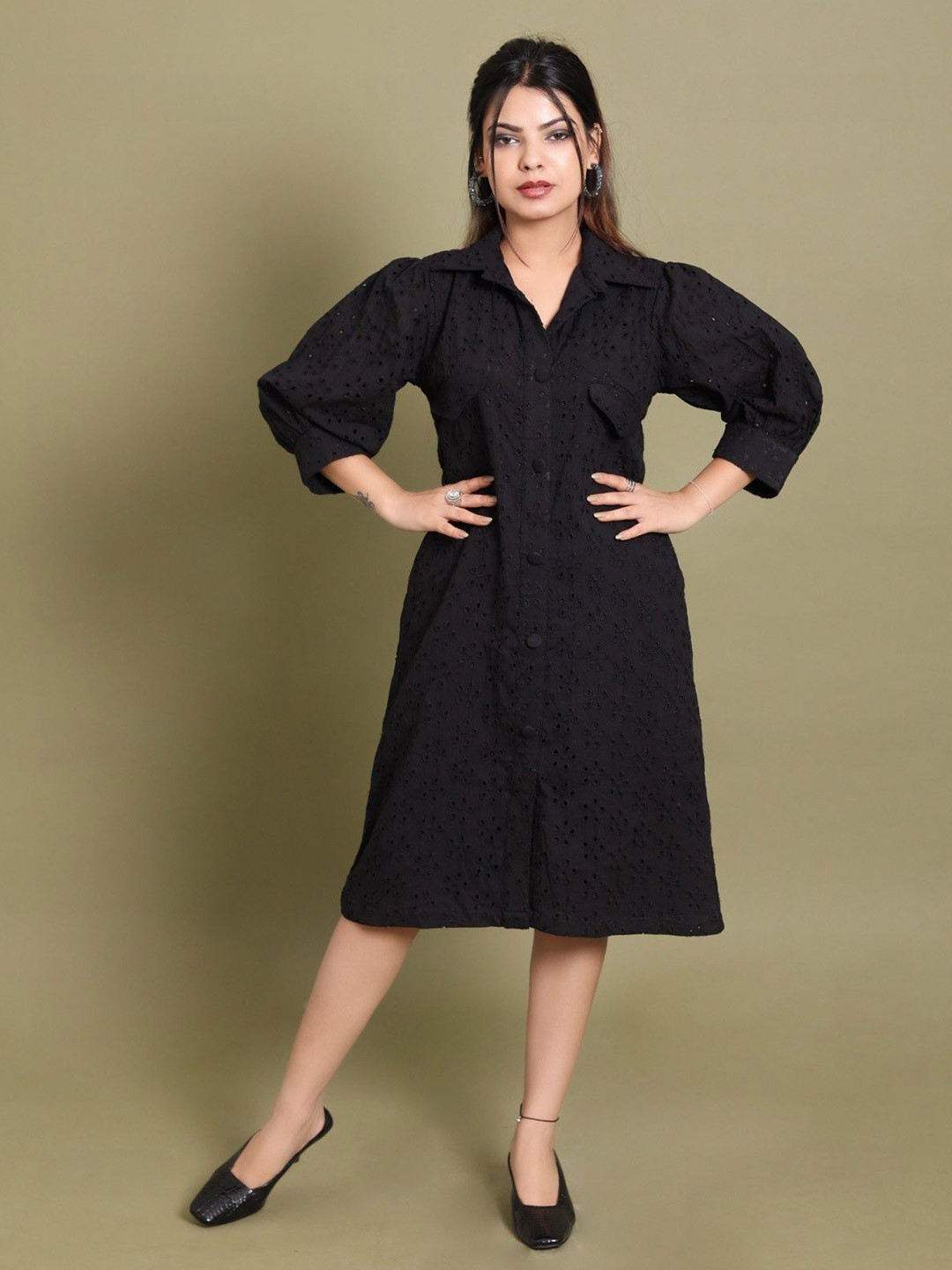 DRESENCE Women Black Solid Puff Sleeves Cotton Shirt Dress
