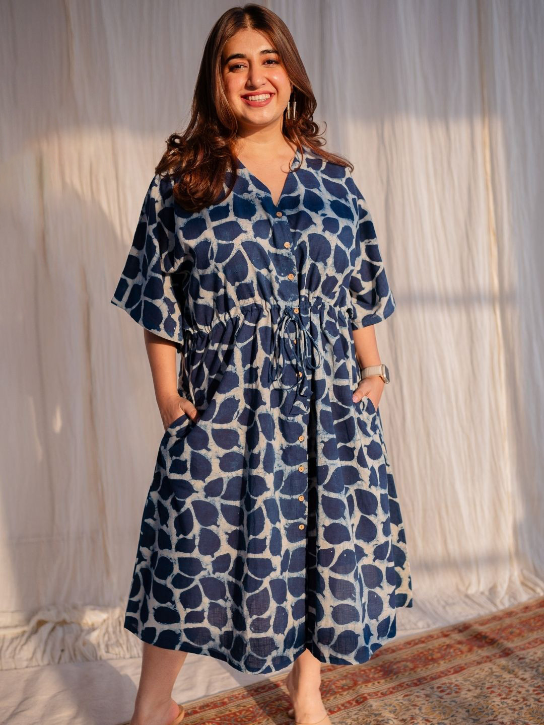 THE INDIAN ETHNIC CO Dabu Slub Cotton Loose Fit Dress