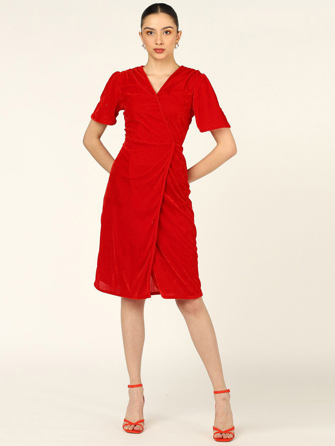MISS HAUTE V-Neck Short Sleeves Velvet Wrap Dress