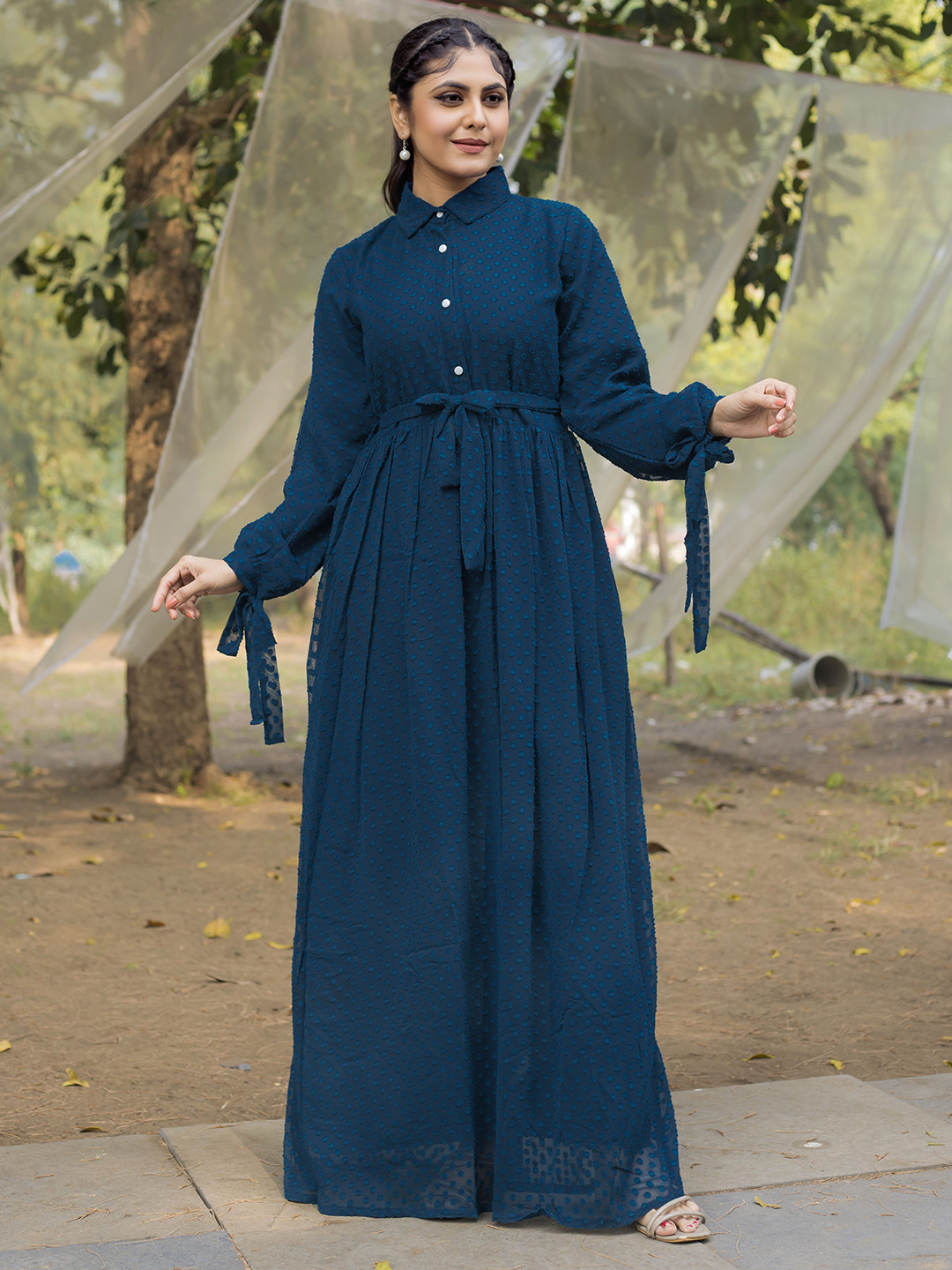 SARINKU Shirt Collar Puff Sleeves Maxi Dress