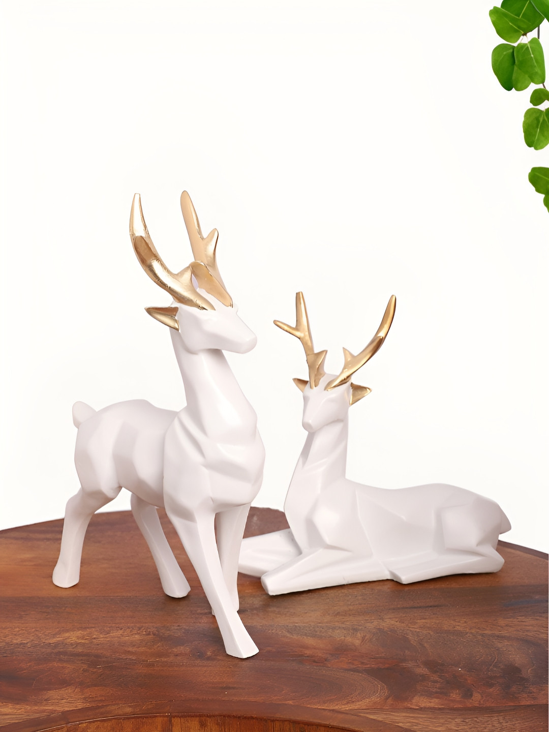 INTERNATIONAL GIFT Deer White Polyresin Glossy Living Room Set of 2 Medium Showpieces - 8.5 Inches