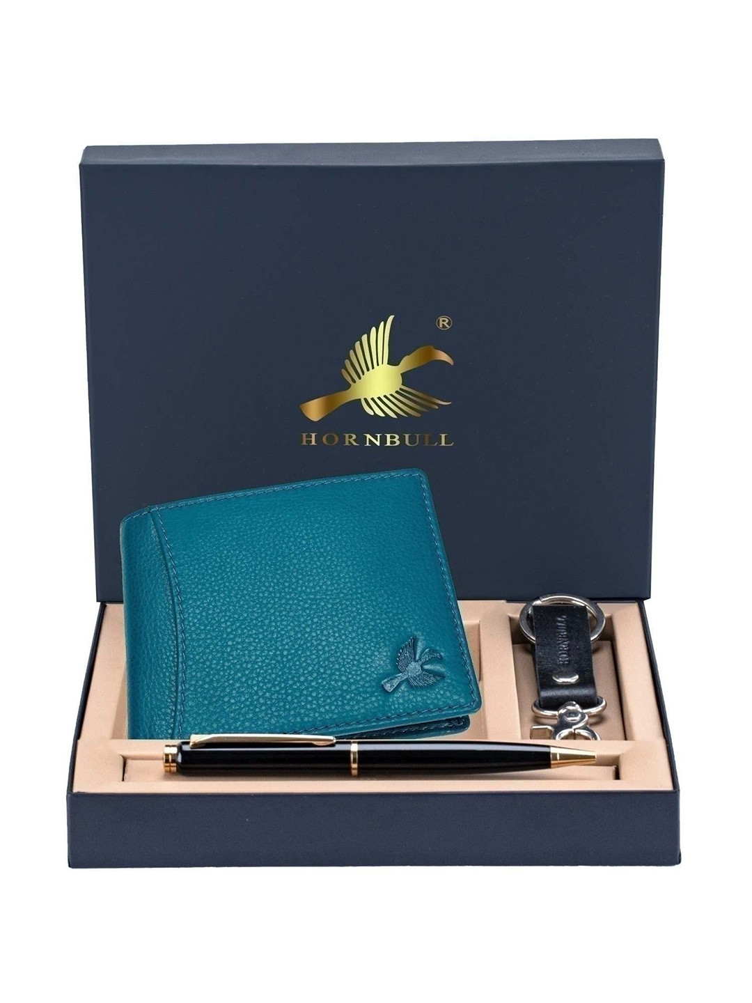 Hornbull Men Themes Aqua Blue Leather Wallet, Keyring & Pen Combo Accessory Gift Set