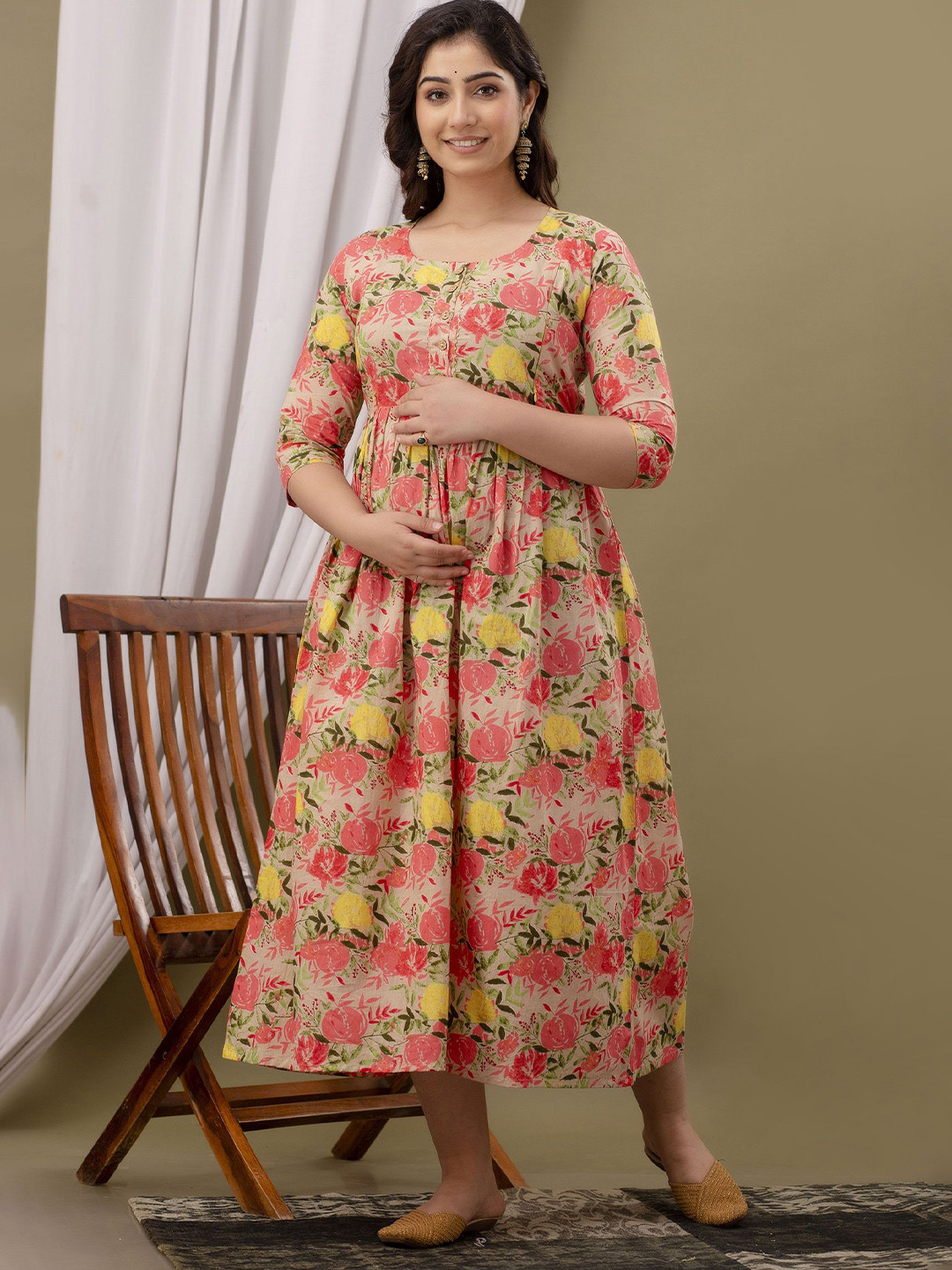 UrbanRang Women Floral Print Maternity Maxi Dress