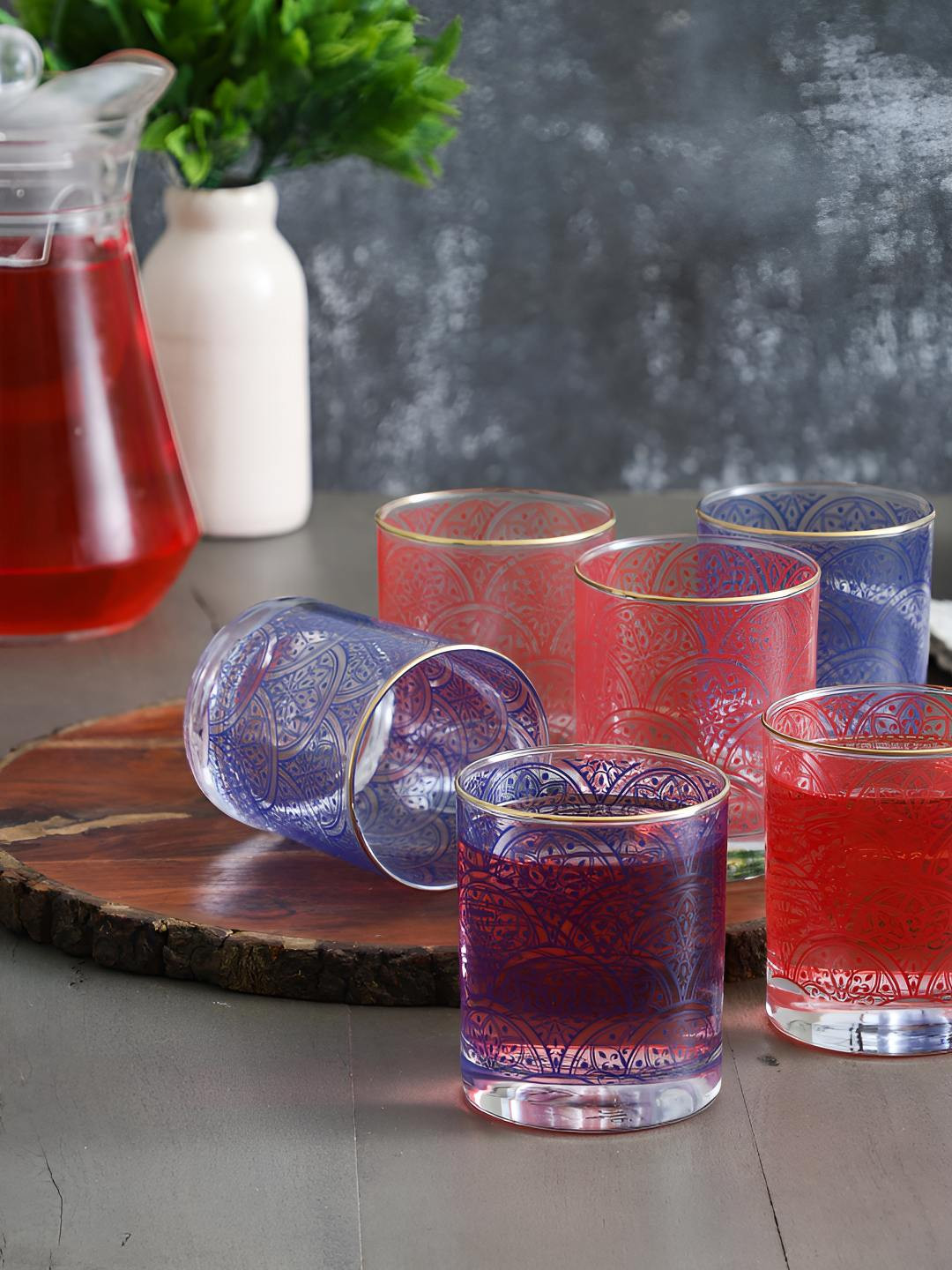 EK DO DHAI Transparent & Red 6 Pieces Geometric Printed Golden Line Bar Glass 300 ml Each