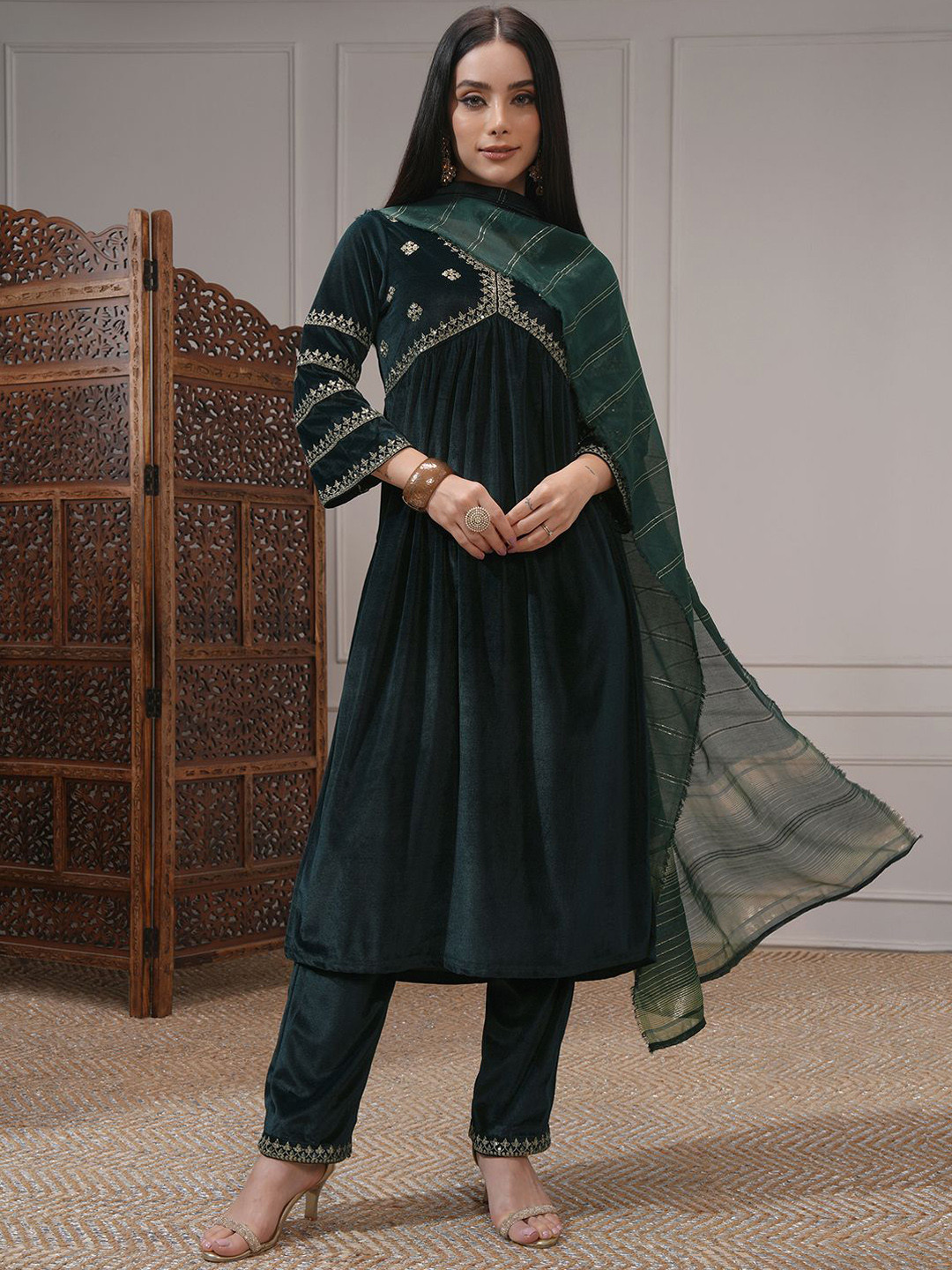 Vishudh Women Embroidered Velvet Gathe Kurta with Slim Palazzo & Dupatta