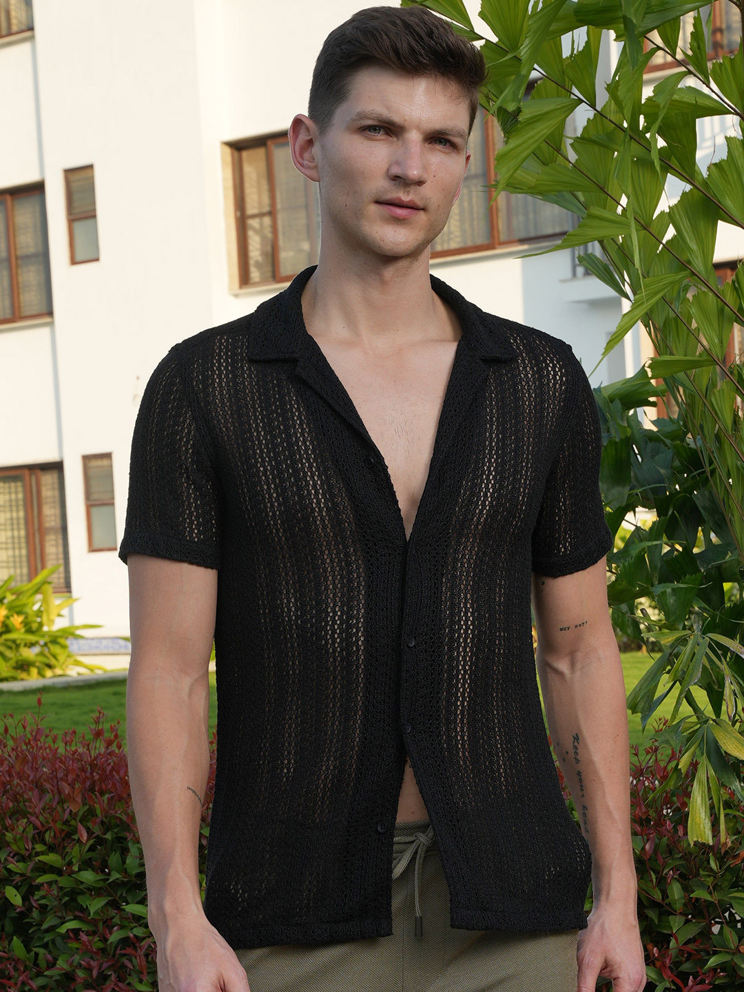 Angel - Solid Crochet Shirt - Black