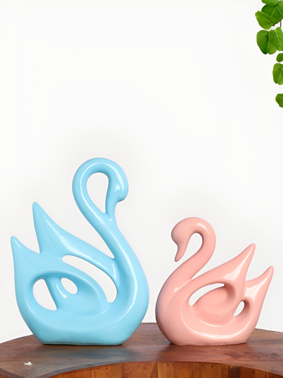 INTERNATIONAL GIFT Swan Pink Polyresin Glossy Living Room Set of 2 Medium Showpieces - 10 Inches