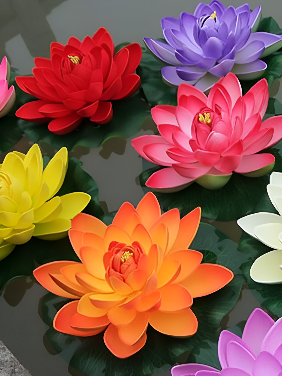 TIED RIBBONS Green & Purple 4 Pieces Lotus Artificial Flowers with Rubber Leaf