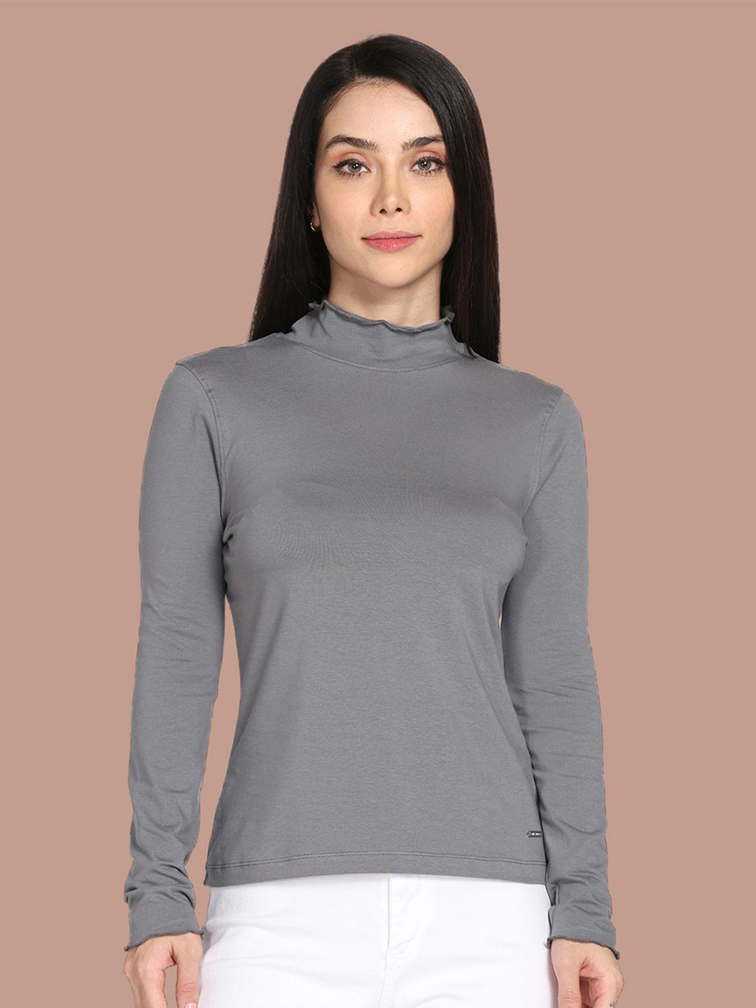 TWIN BIRDS Women Grey Solid Full Sleeves Raw Edges High Neck Frill Tee