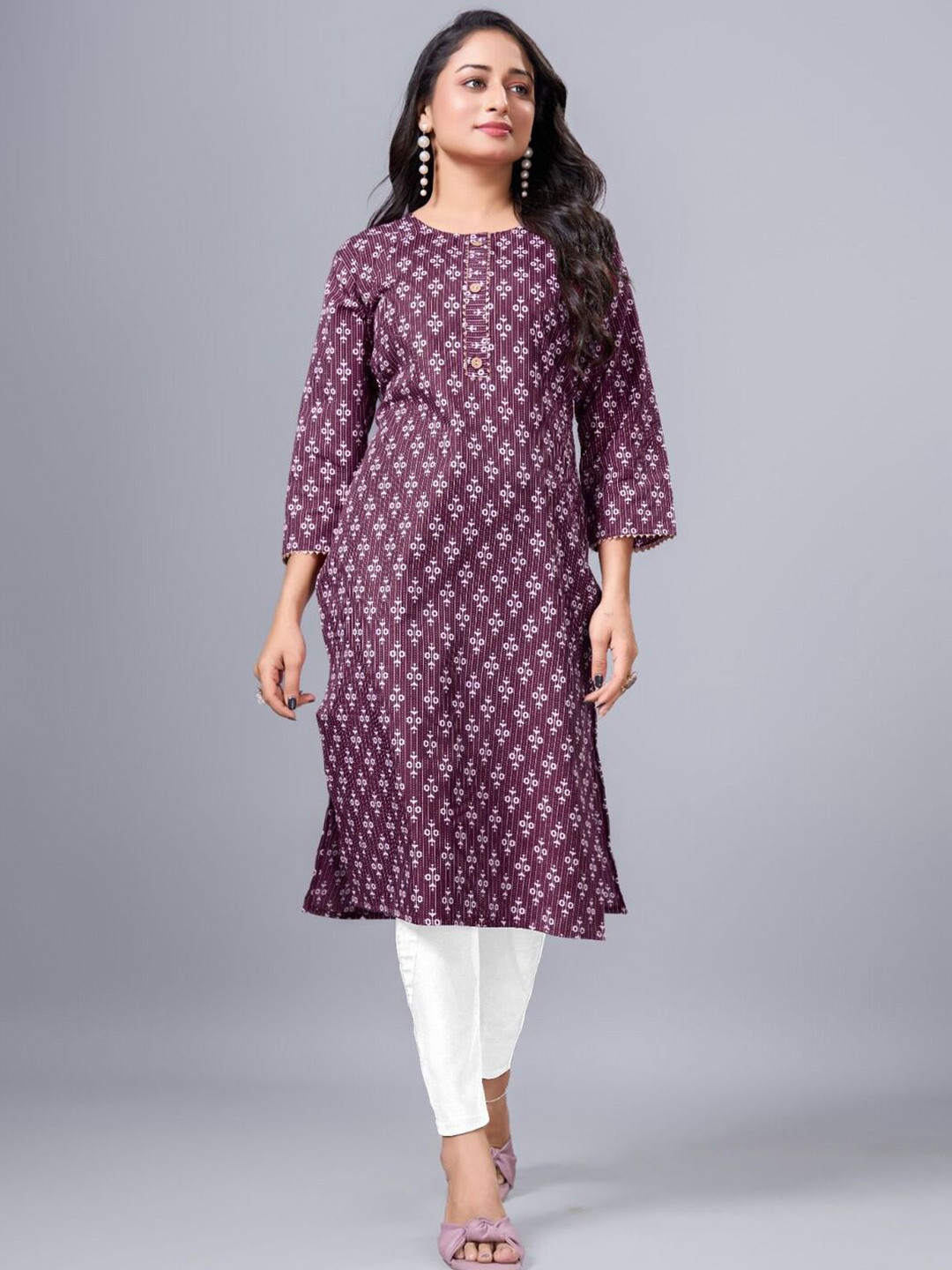 SIMPLYETHNIC Ethnic Motifs Printed Round Neck Gotta Patti Cotton Straight Kurta