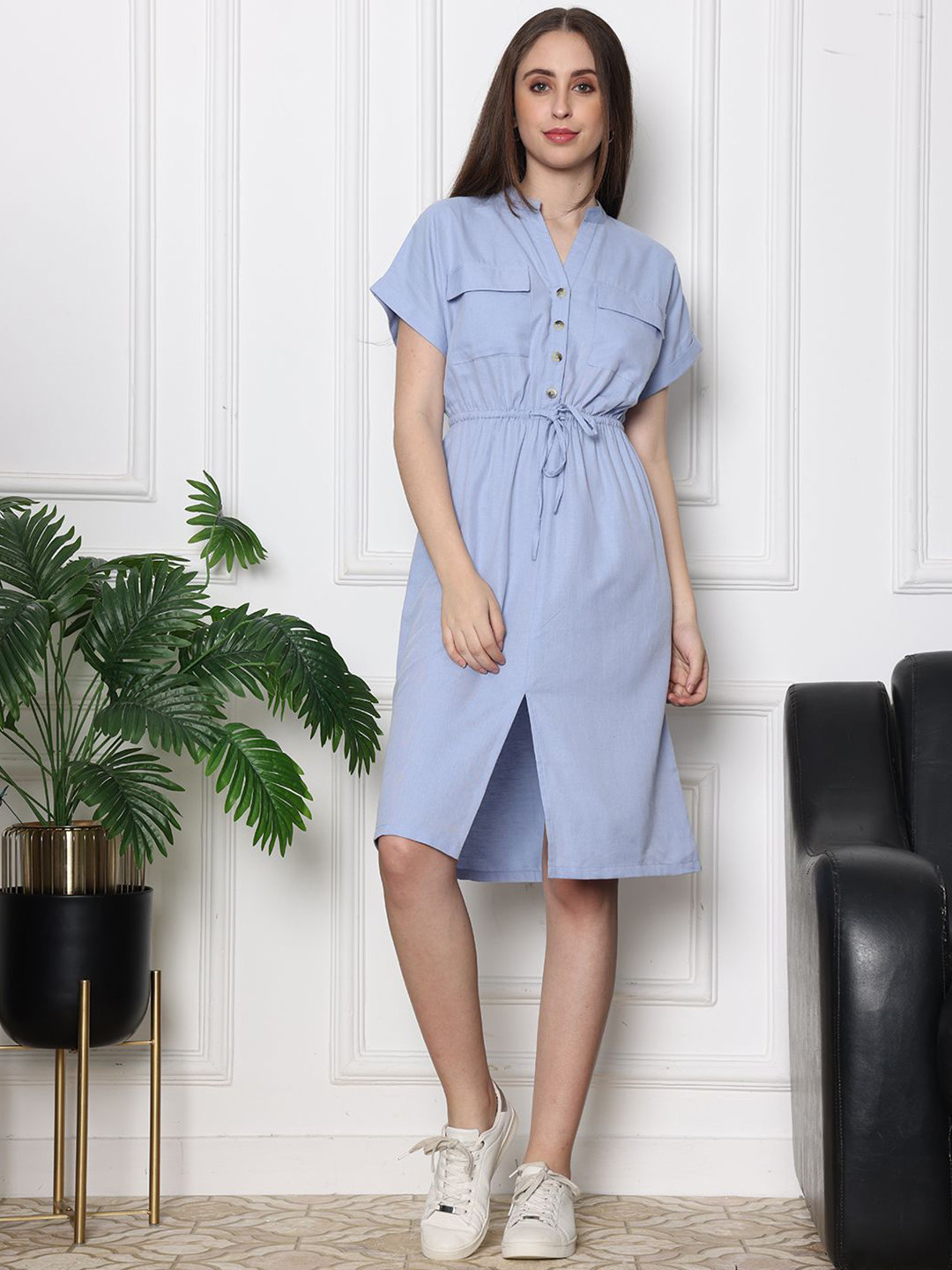 Slumber Jill Mandarin Collar Short Sleeves Shirt Dress