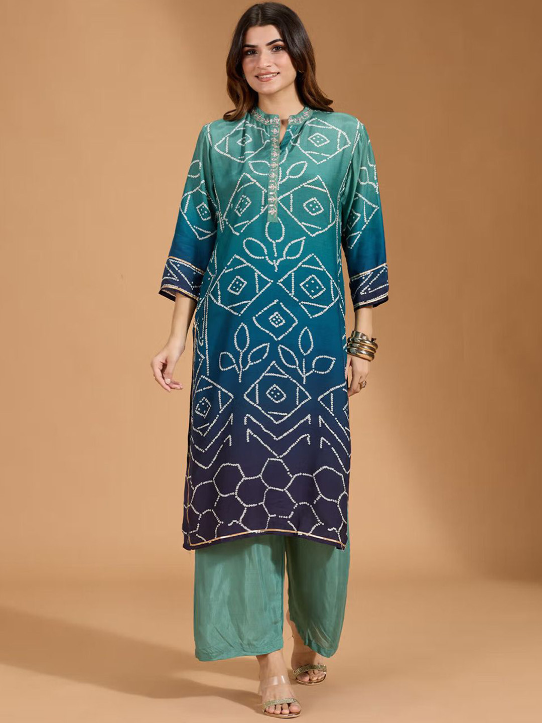 Sangria Blue Floral Printed Mandarin Collar Straight Linen Kurta With Trouser