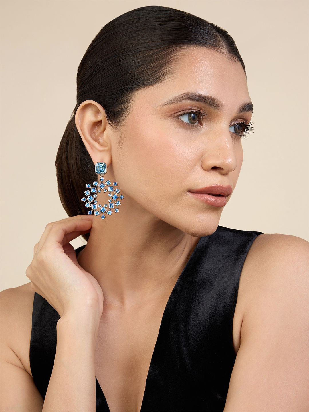 Isharya Rhodium-Plated Crystals Studded Aquamarine Cosmic Flair Drop Earrings