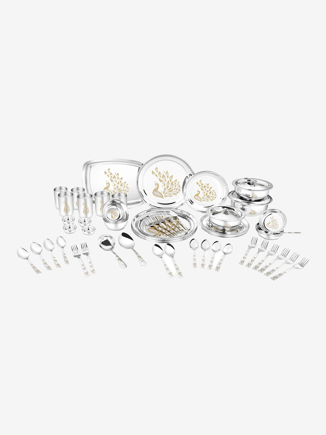 Classic Essentials Peacock Heavy Gauge with Permanent Laser Design Silver Floral Stainless Steel Easy to Clean 68 Piece Dinner Set