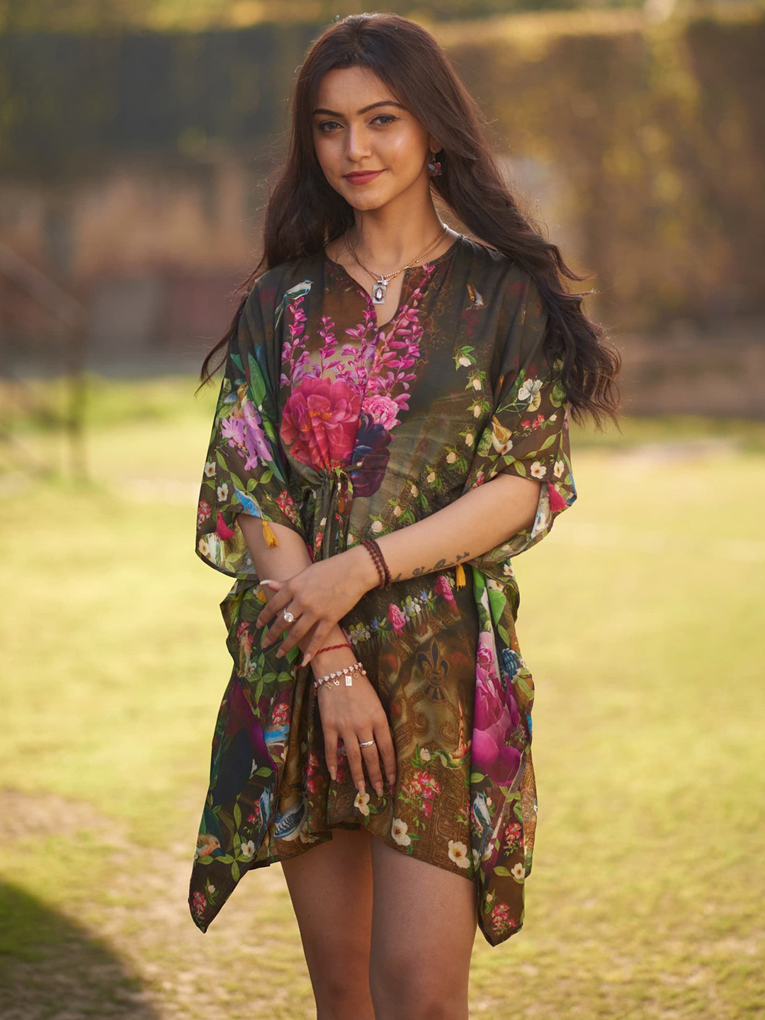 THE BOOZY BUTTON Women Floral Printed Tory Short Kaftan Mini Dress