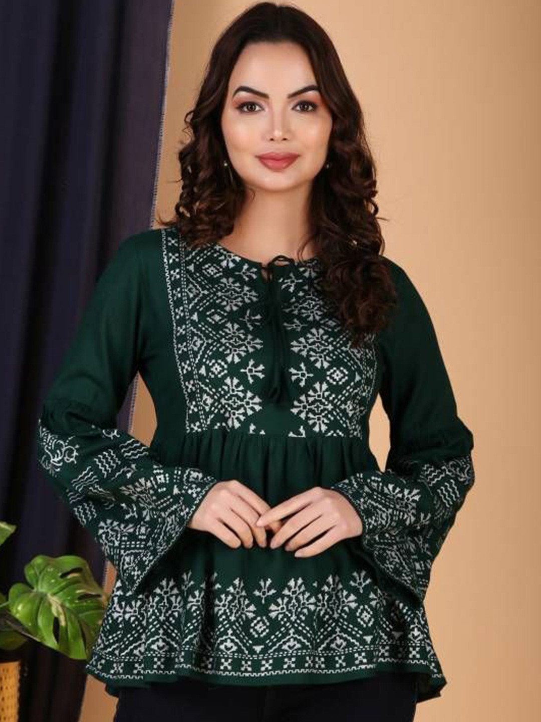 OSAMWEAR Women Printed Bell Sleeve Top