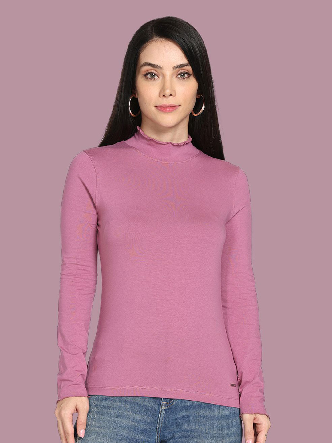 TWIN BIRDS Women Rose Solid Full Sleeves Raw Edges High Neck Frill Tee