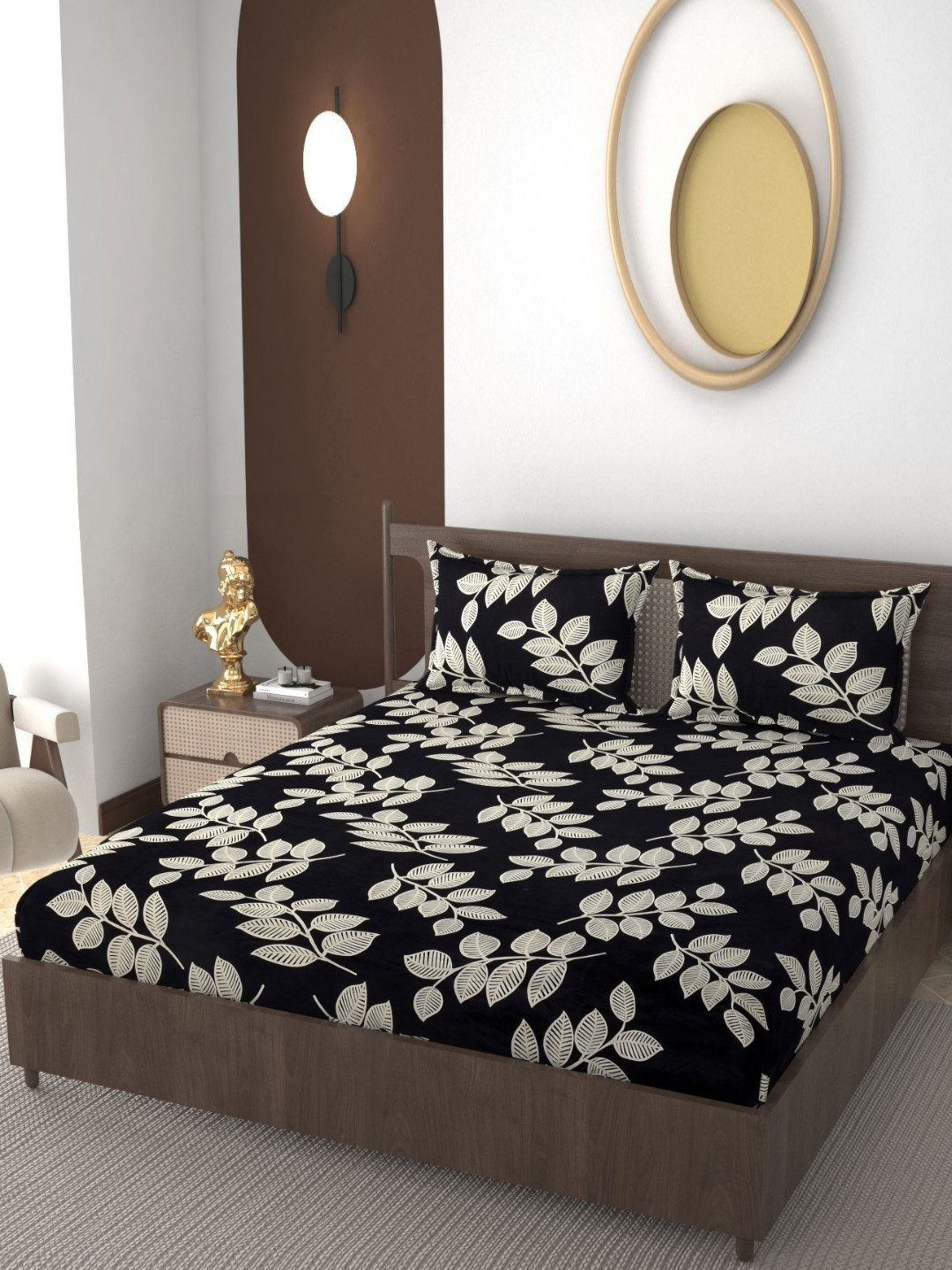 VOMZER Black Leaf Cotton 210 TC Fitted King Fine Bedsheet with 2 Pillow Covers-78 x 72 inches