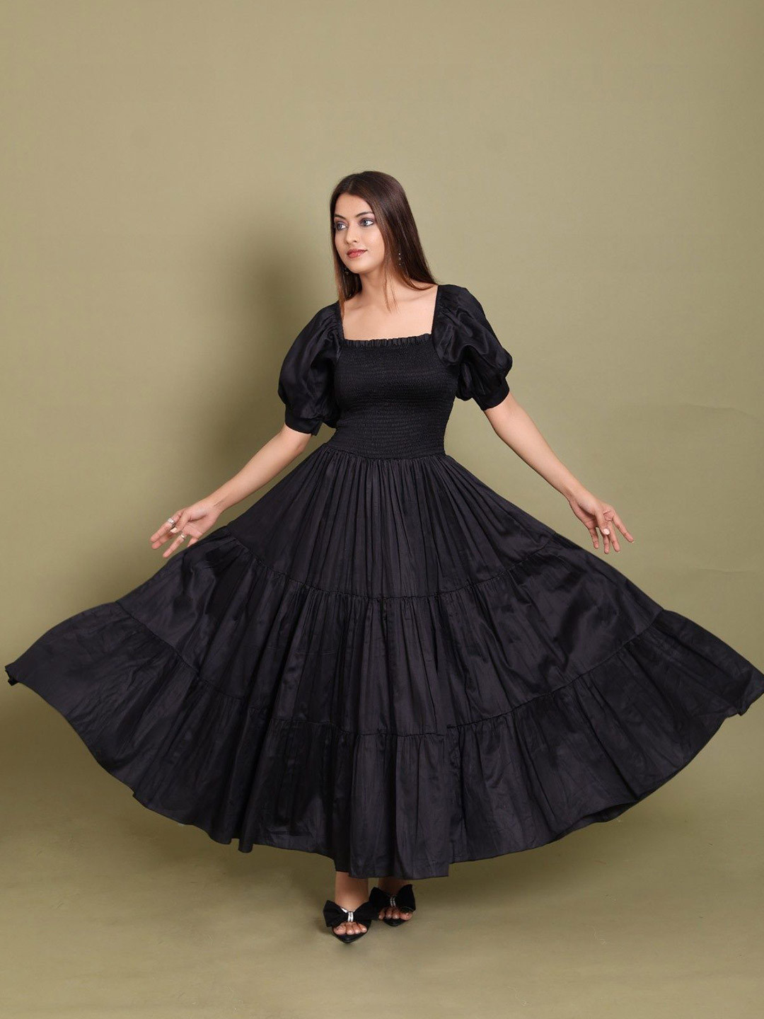 DRESENCE Puff Sleeve Fit & Flare Maxi Tiered Dress