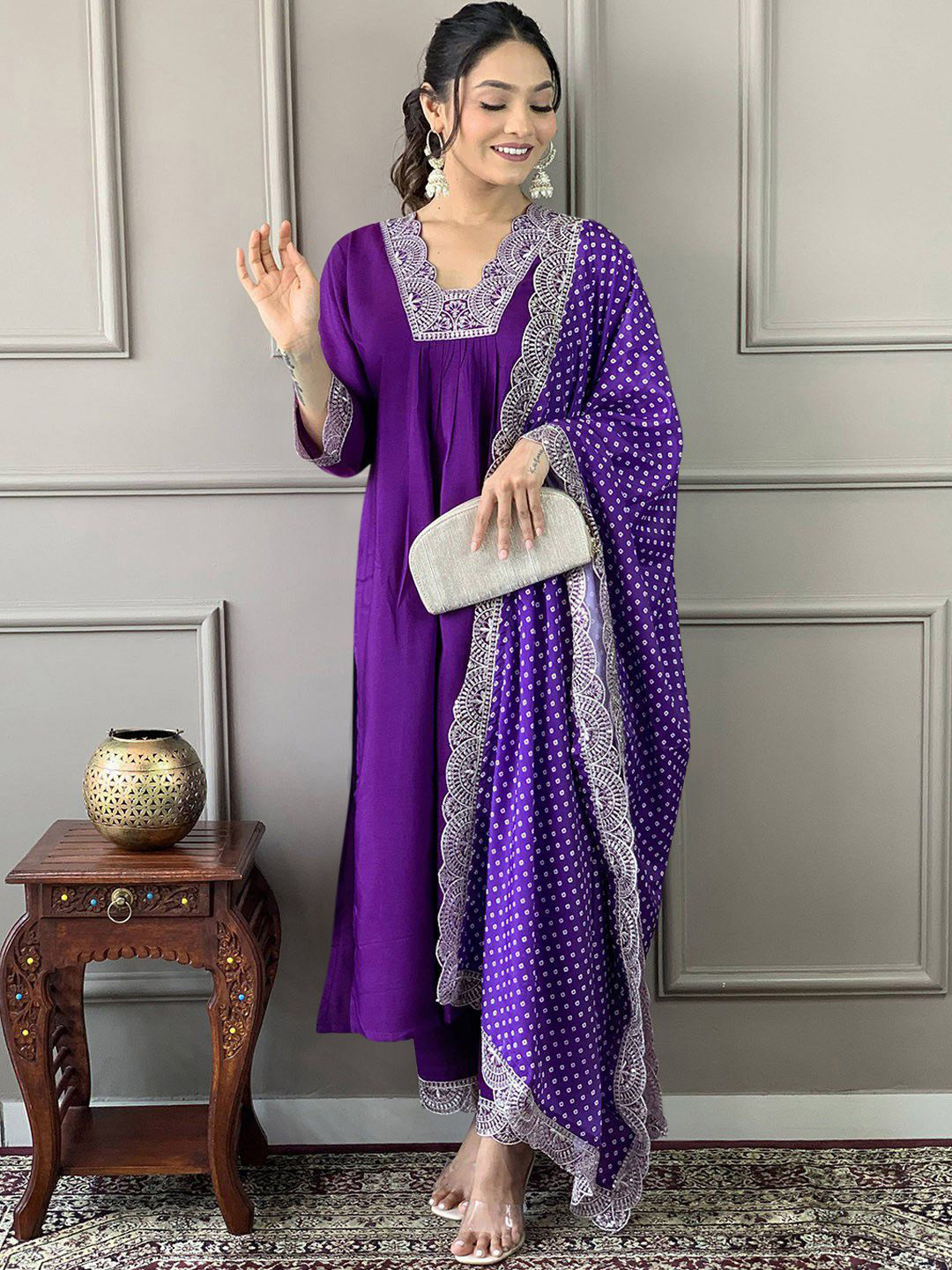 FASHION DREAM Floral Yoke Design V-Neck Thread Work Straight Kurta With Trouser & Dupatta