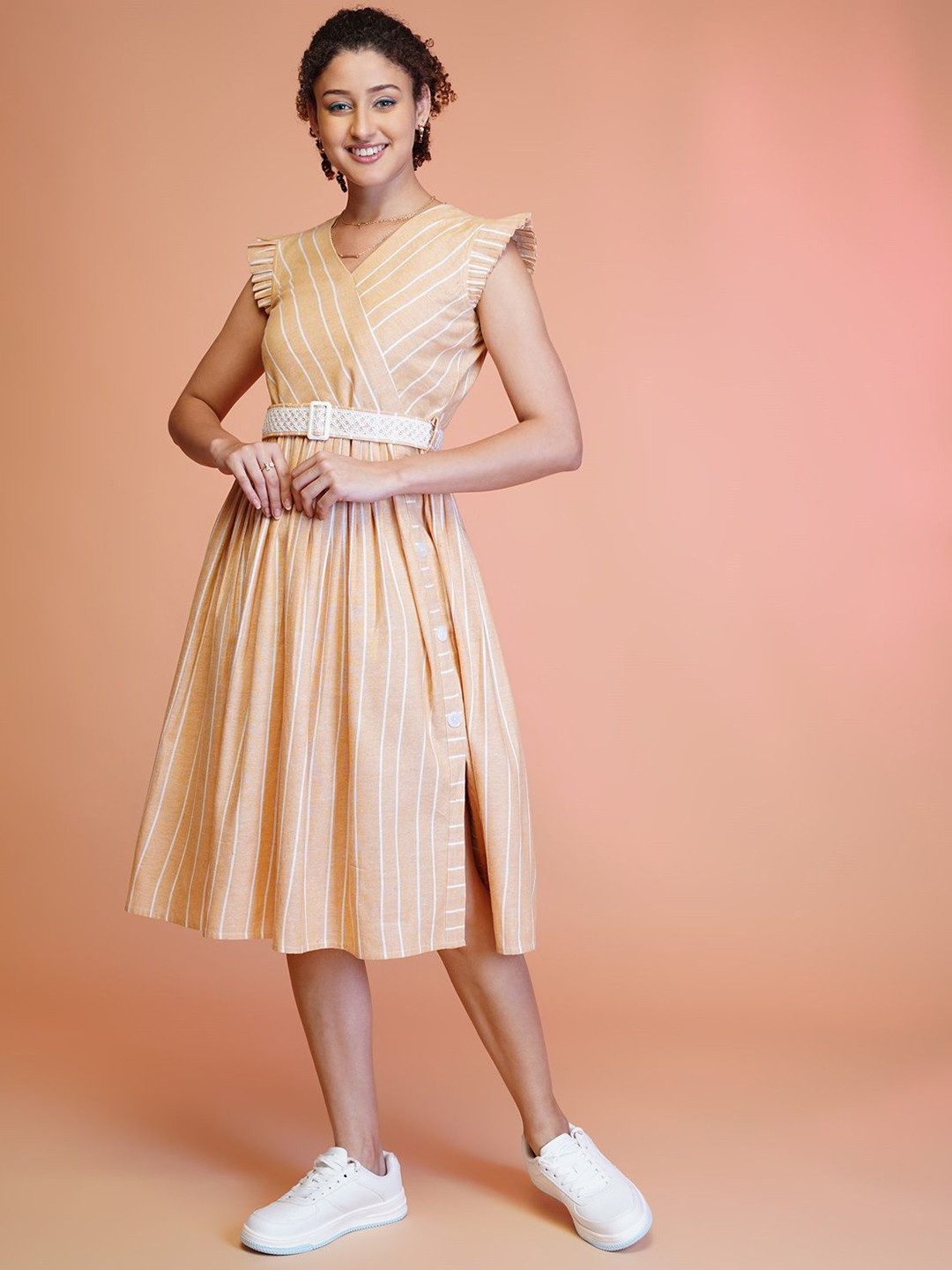 YANAMORA Women Striped Flutter Sleeve Fit & Flare Dress