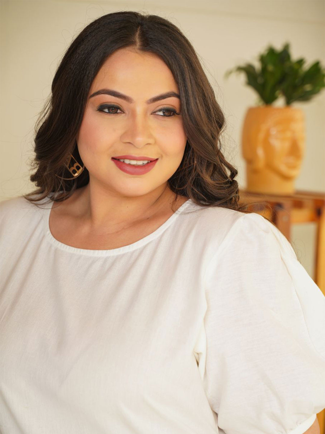 NANGALIA RUCHIRA Plus Size Ivory Puff Sleeve Cotton A-Line Midi Dress