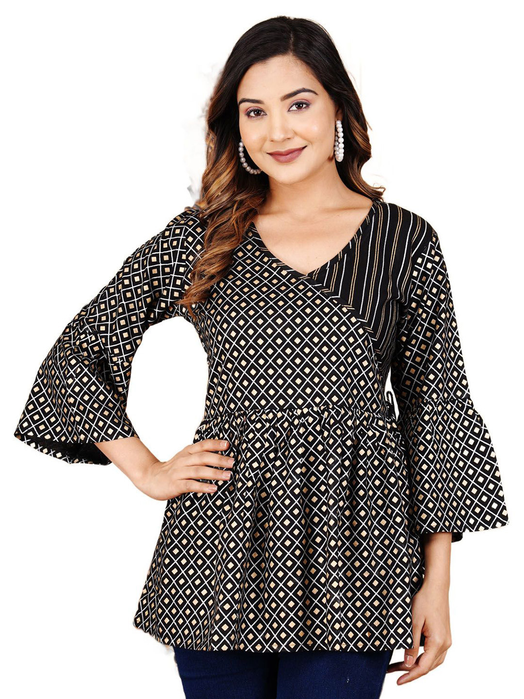 L.H HANDICRAFTS Geometric Printed Wrap Longline Top