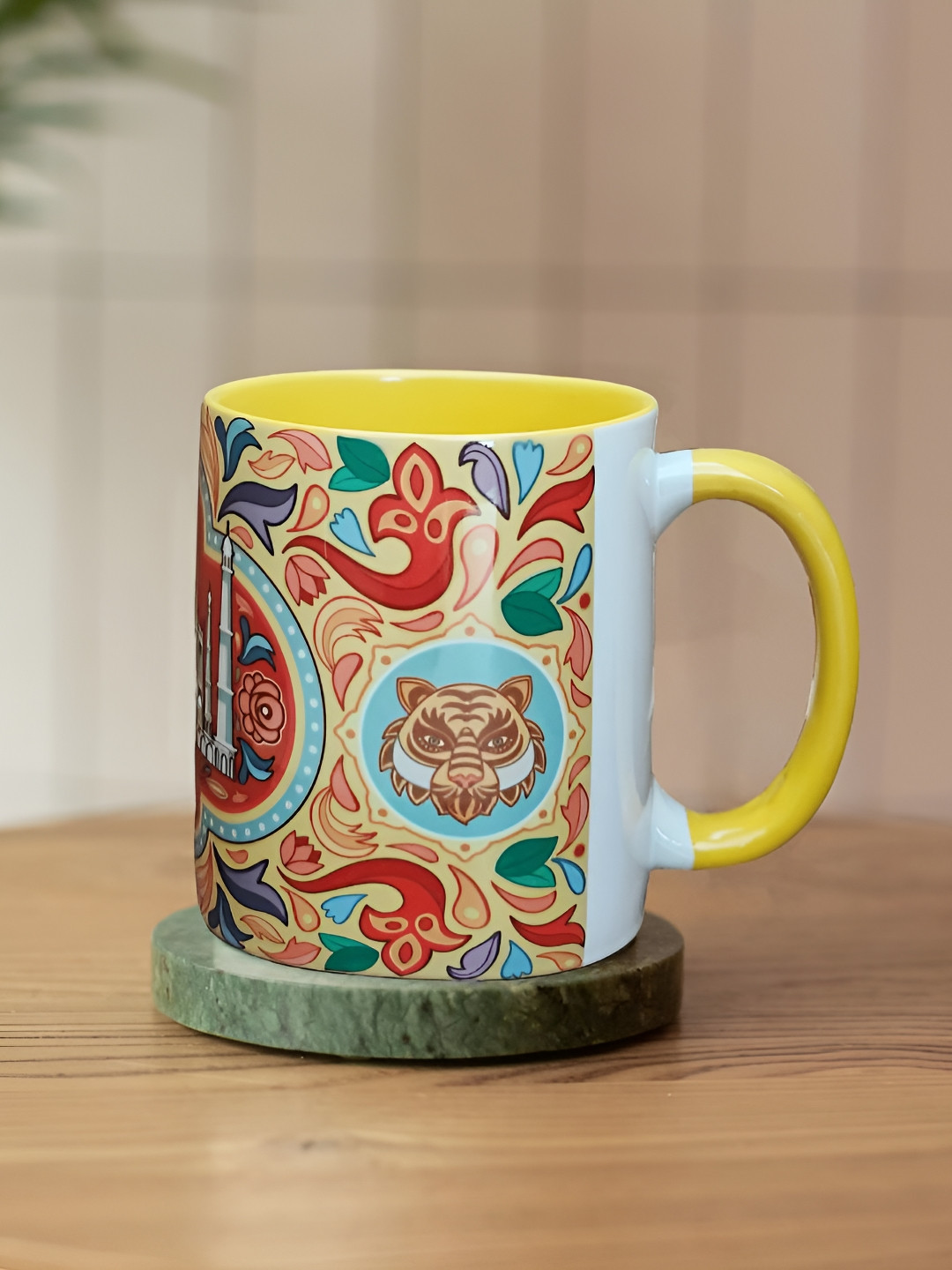 MAATIR DESIGNS Yellow Ethnic Motifs Ceramic Microwave Safe Mug-350ml