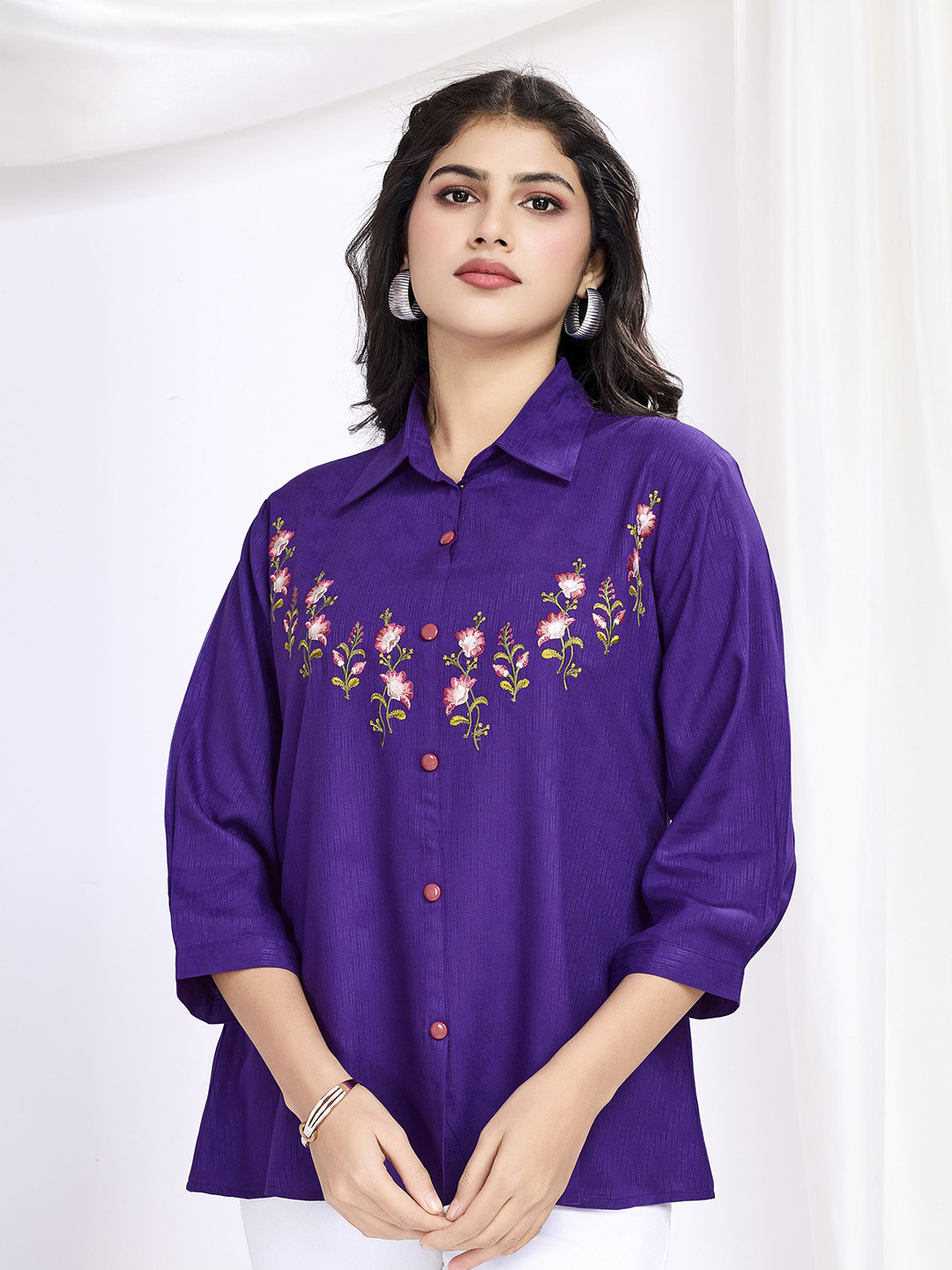 MOJILAA Floral Embroidered Roll-Up Sleeves Shirt Style Top