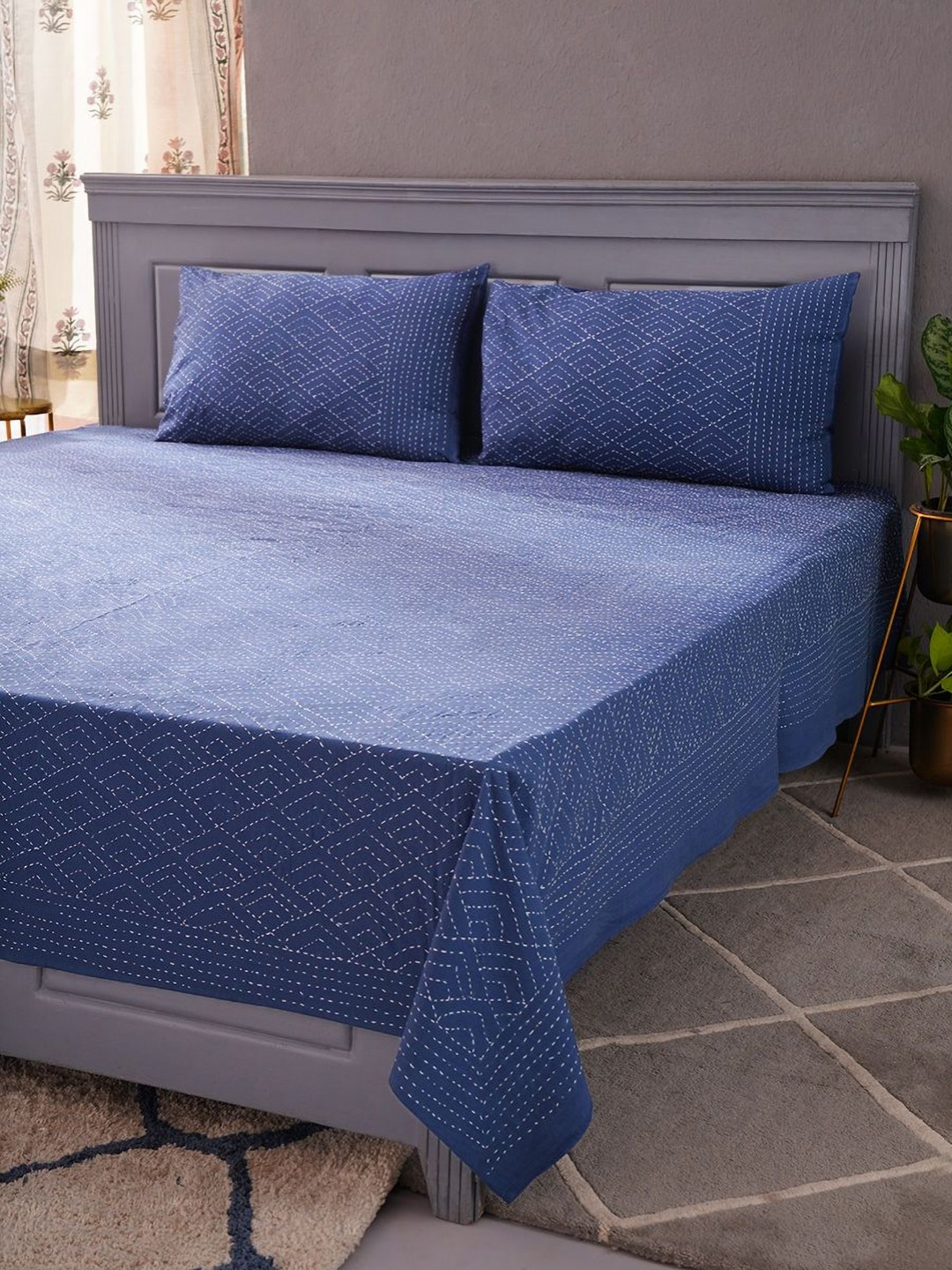 JAYPORE Blue & White Block Printed Cotton Bed Cover